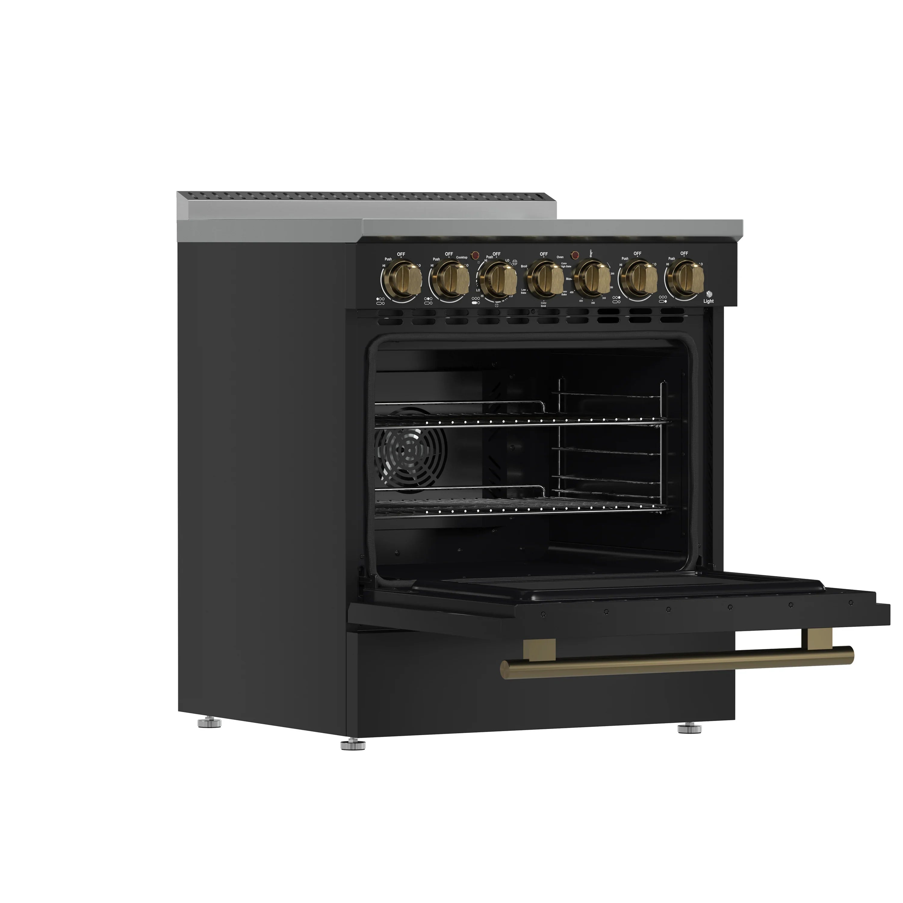 Black electric range with oven door open and interior racks visible