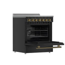 Forno 3-Piece Appliance Package - 30-Inch Electric Range, Wall Mount Range Hood, and 36-Inch Refrigerator in Black with Antique Brass Handle