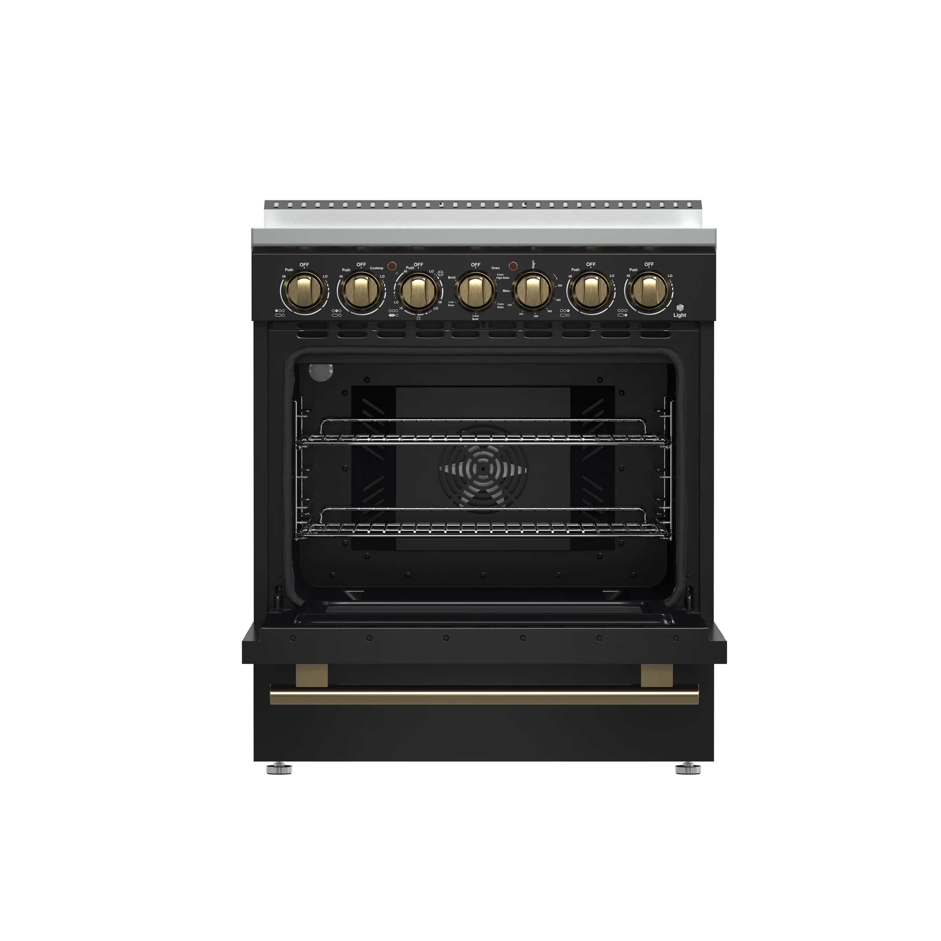 Black freestanding electric range with open oven door and brass control knobs.