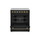 Forno 5-Piece Appliance Package - 30-Inch Electric Range, Wall Mount Range Hood, 60-Inch Refrigerator, Dishwasher, and 24-Inch Microwave Drawer in Black with Antique Brass Handle