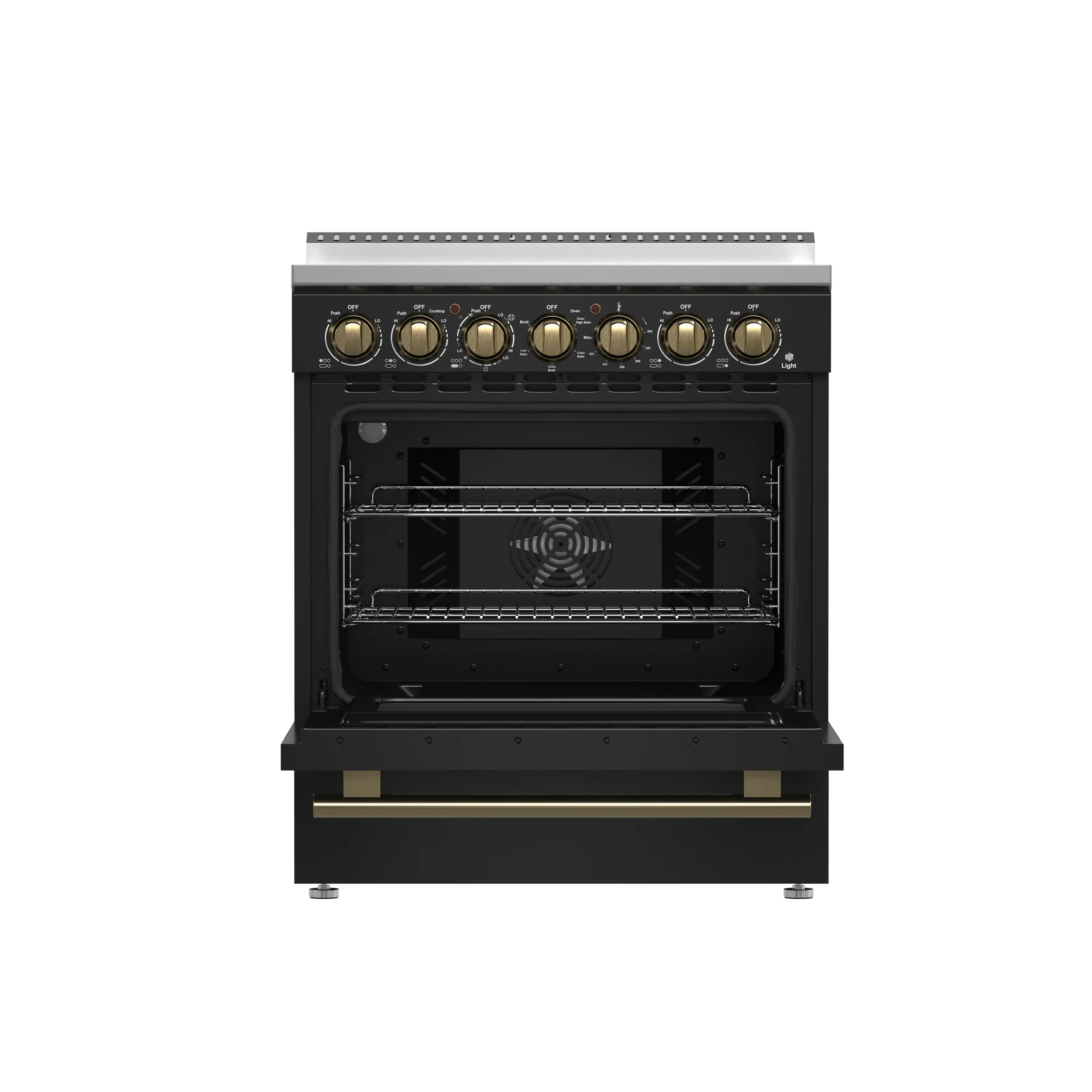 Black electric range with open oven door and brass control knobs above.