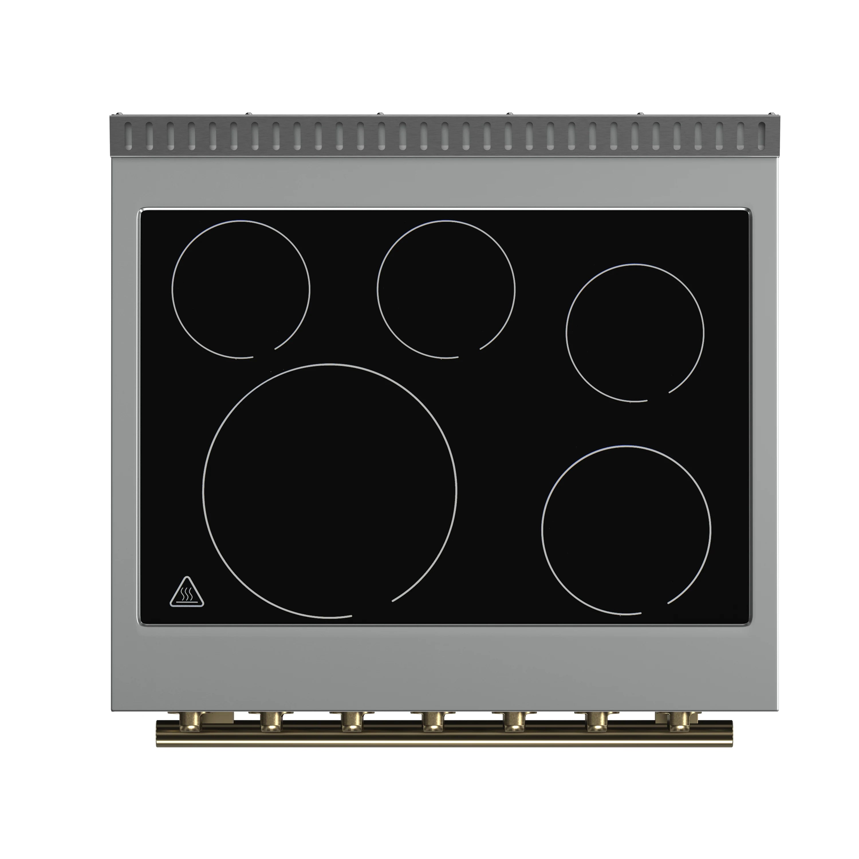 Black electric cooktop with five smooth cooking zones and indicator graphics.