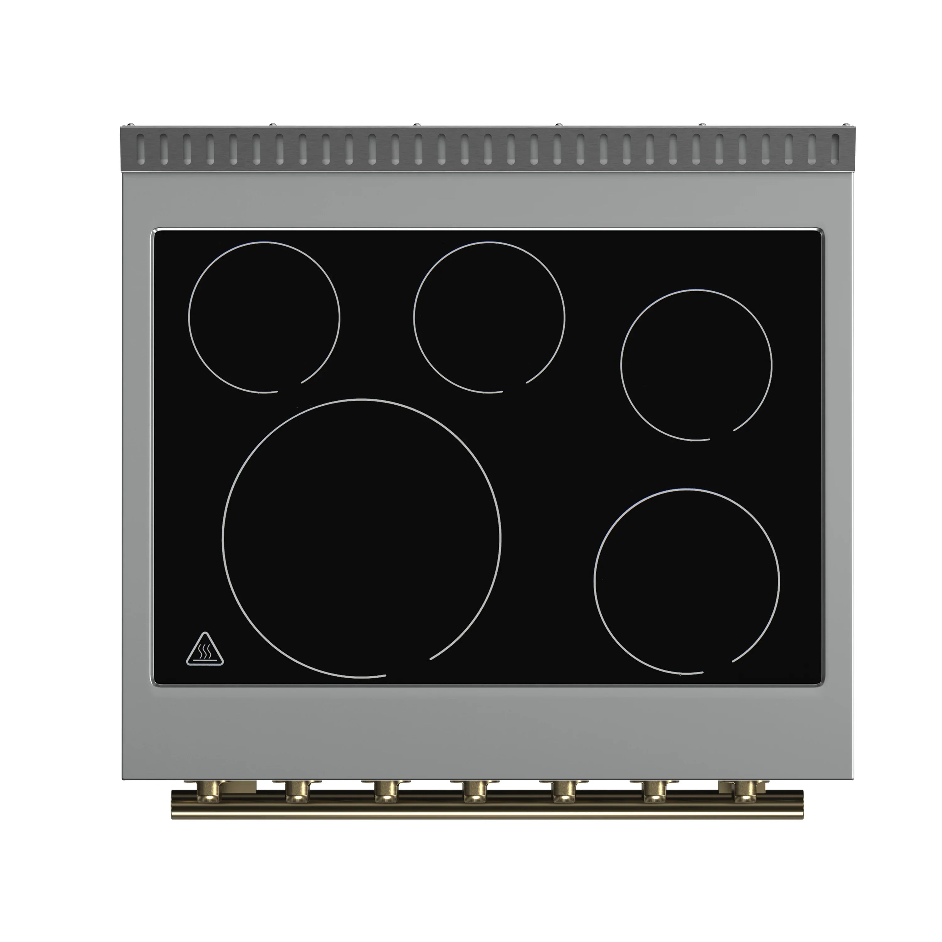 Black glass cooktop with five burner circles and touch controls