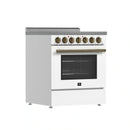 Forno 5-Piece Appliance Package - 30-Inch Electric Range, Wall Mount Range Hood, 60-Inch Refrigerator, Dishwasher, and 24-Inch Microwave Drawer in White with Antique Brass Handle