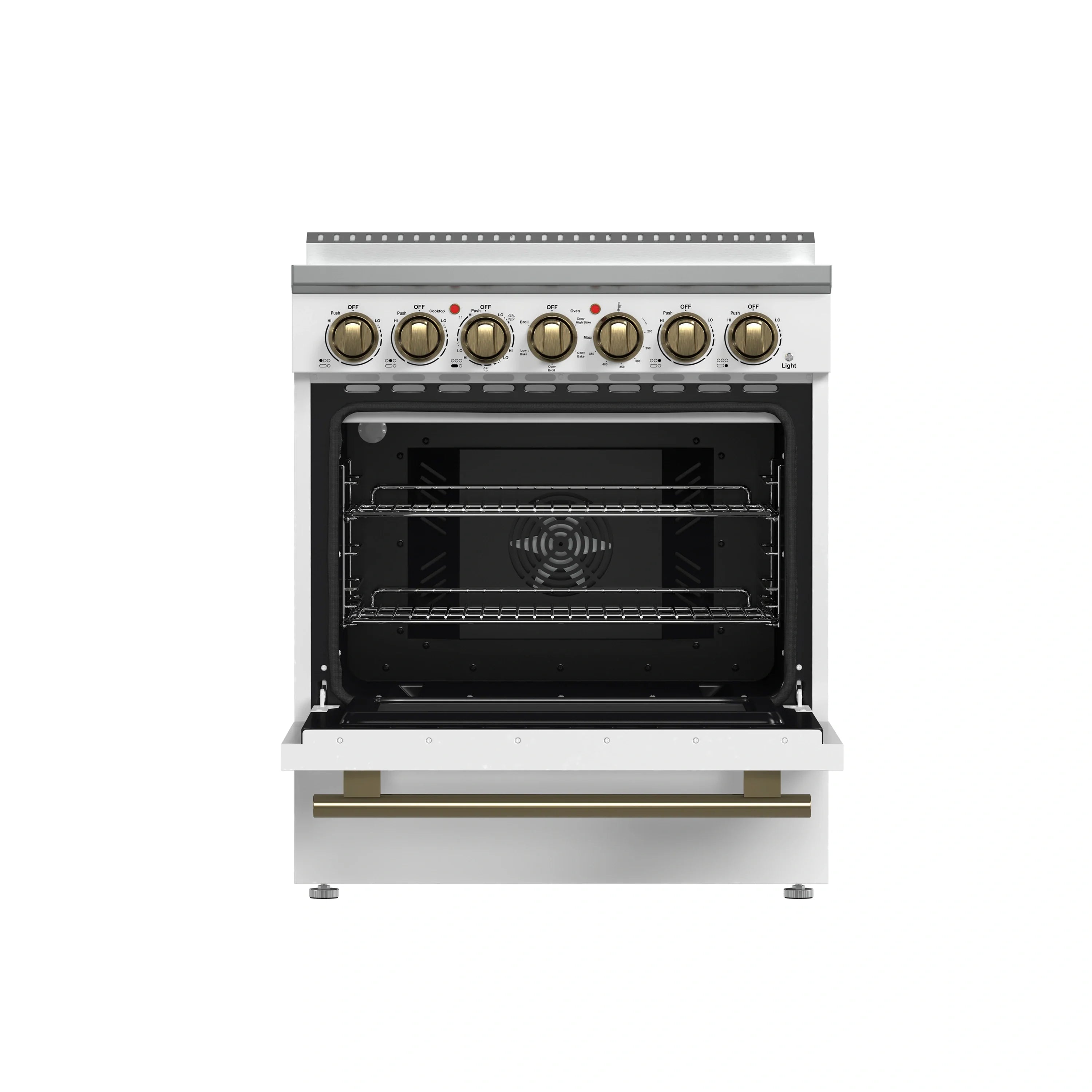 White 30-inch electric range with open oven cavity and brass knobs on backguard