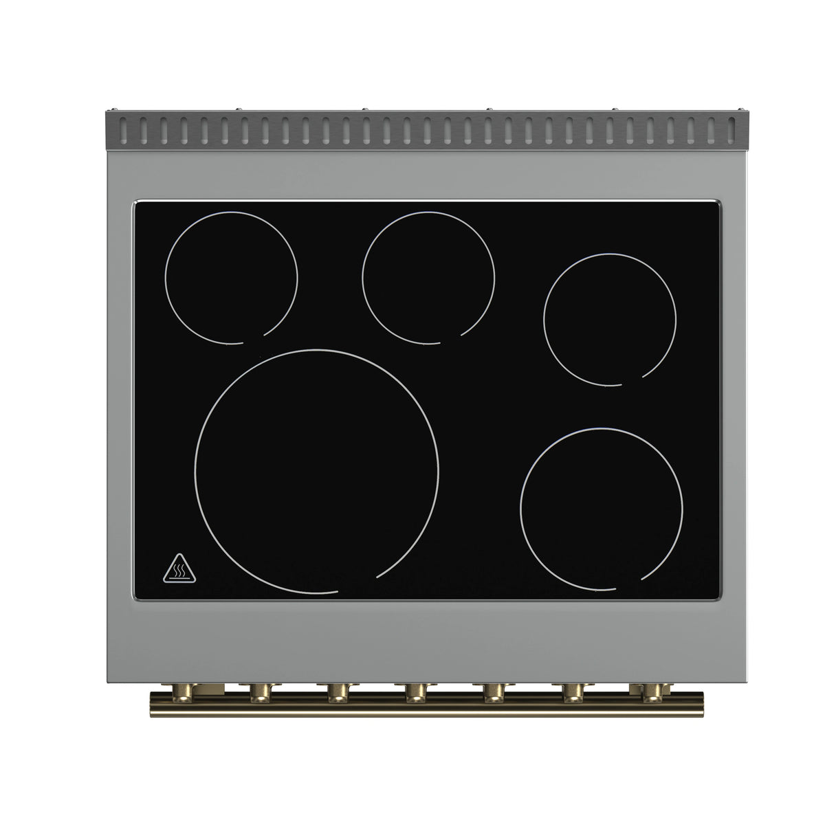 Black glass cooktop with five coil elements and white control markings