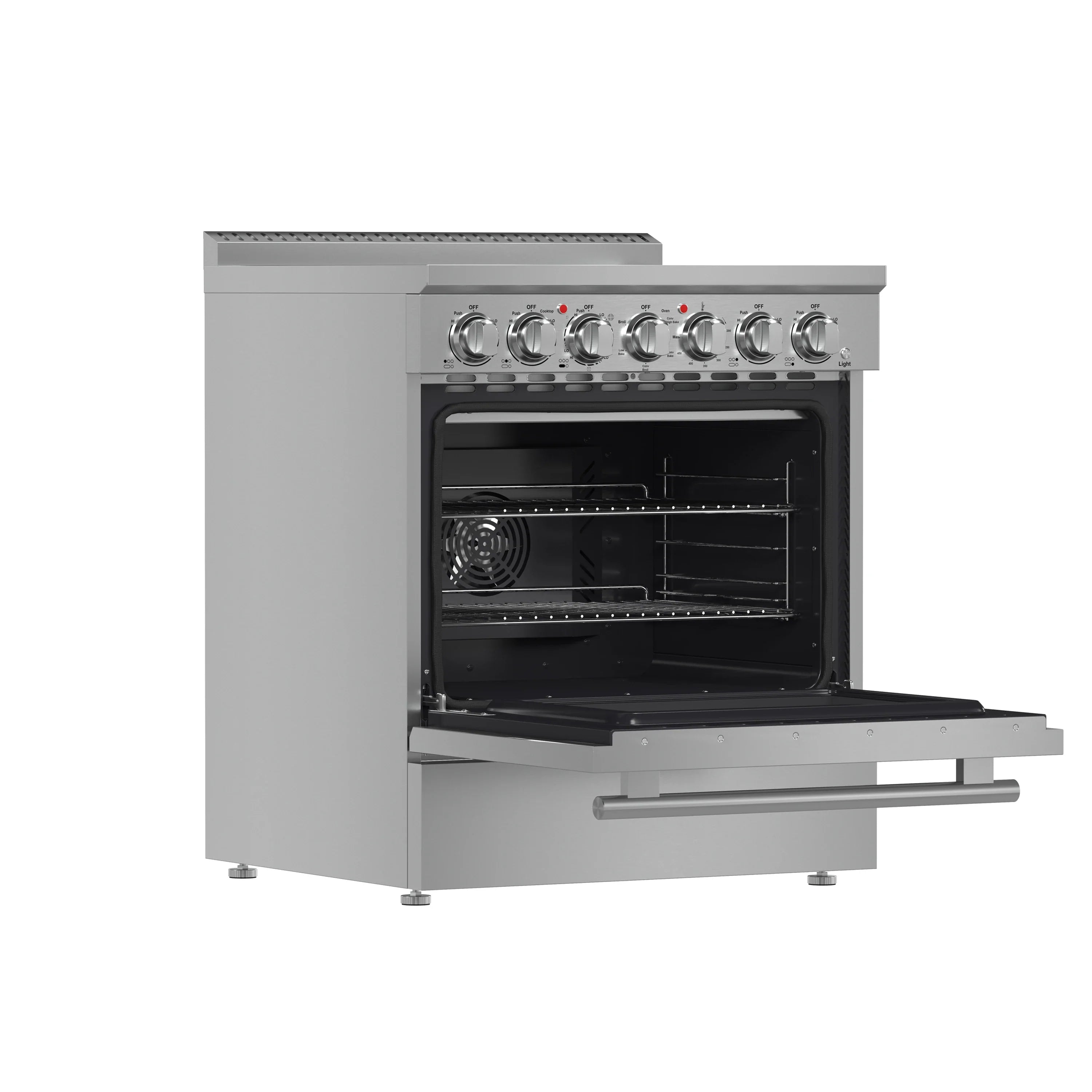 Stainless steel electric range with oven door open and multi-knob control panel