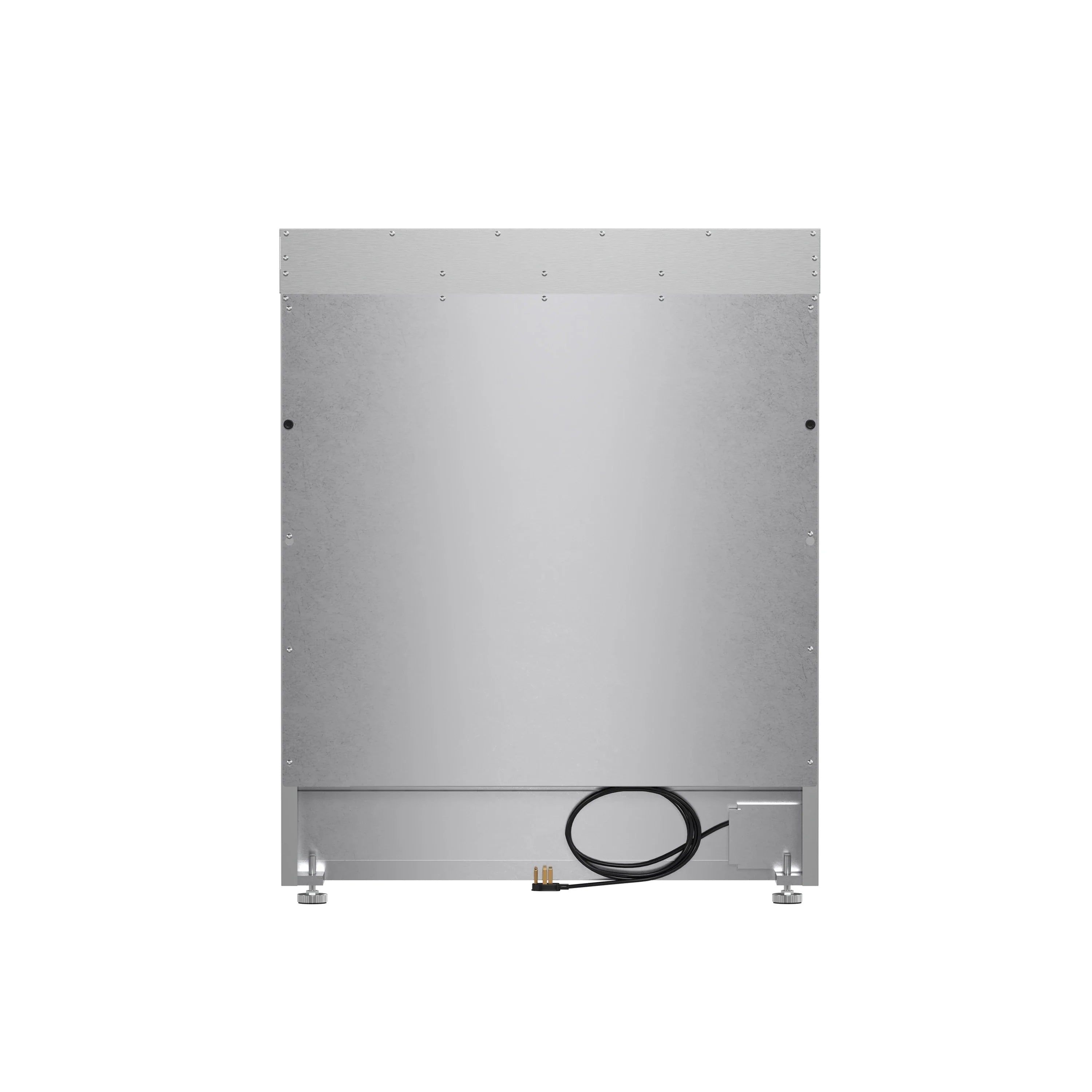 Silver refrigerator rear panel with vented access opening and cable loop