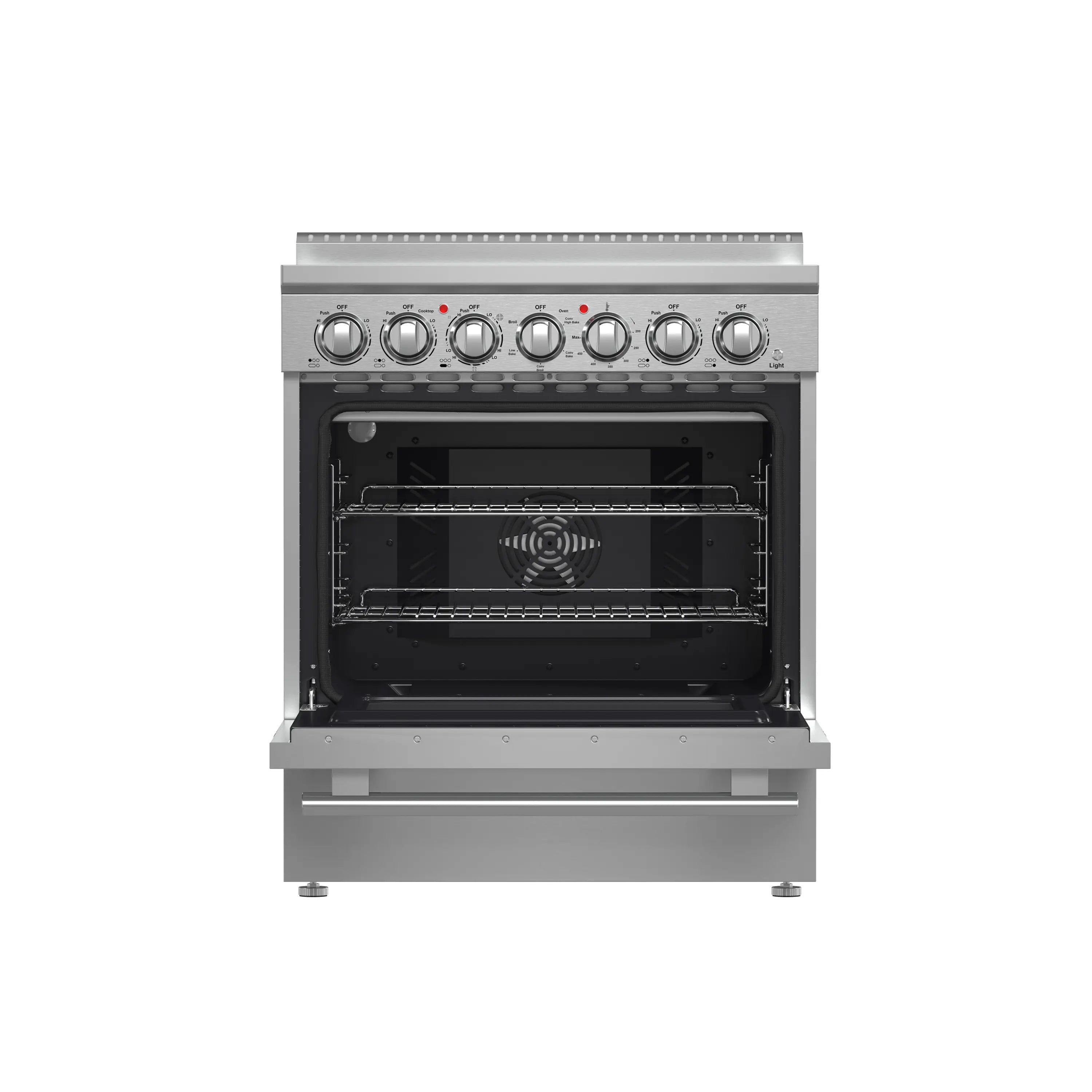 Stainless steel electric range with open oven door and control knobs