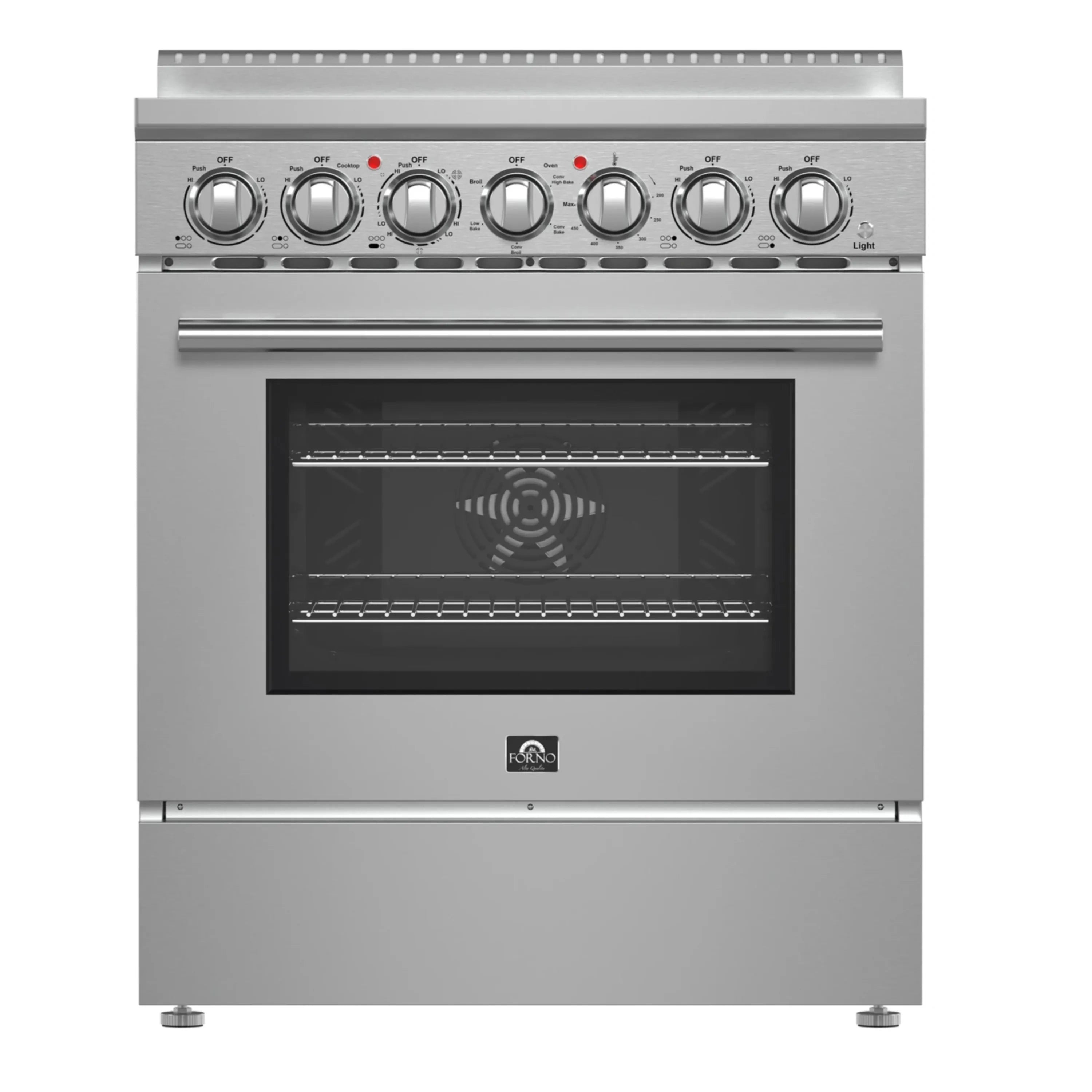 Stainless steel freestanding electric range with control knobs and oven window