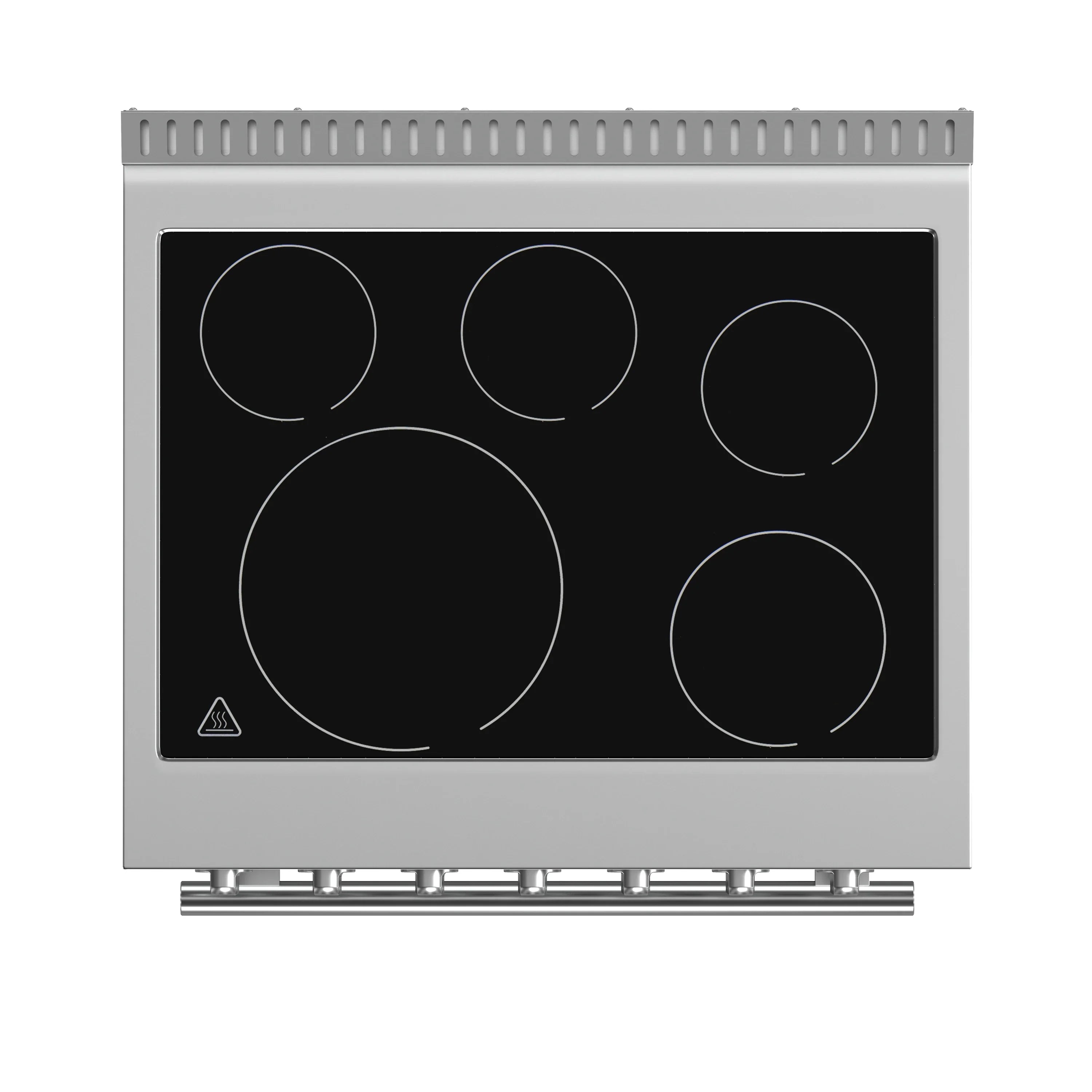 Stainless steel electric cooktop with five coil burner controls on glass