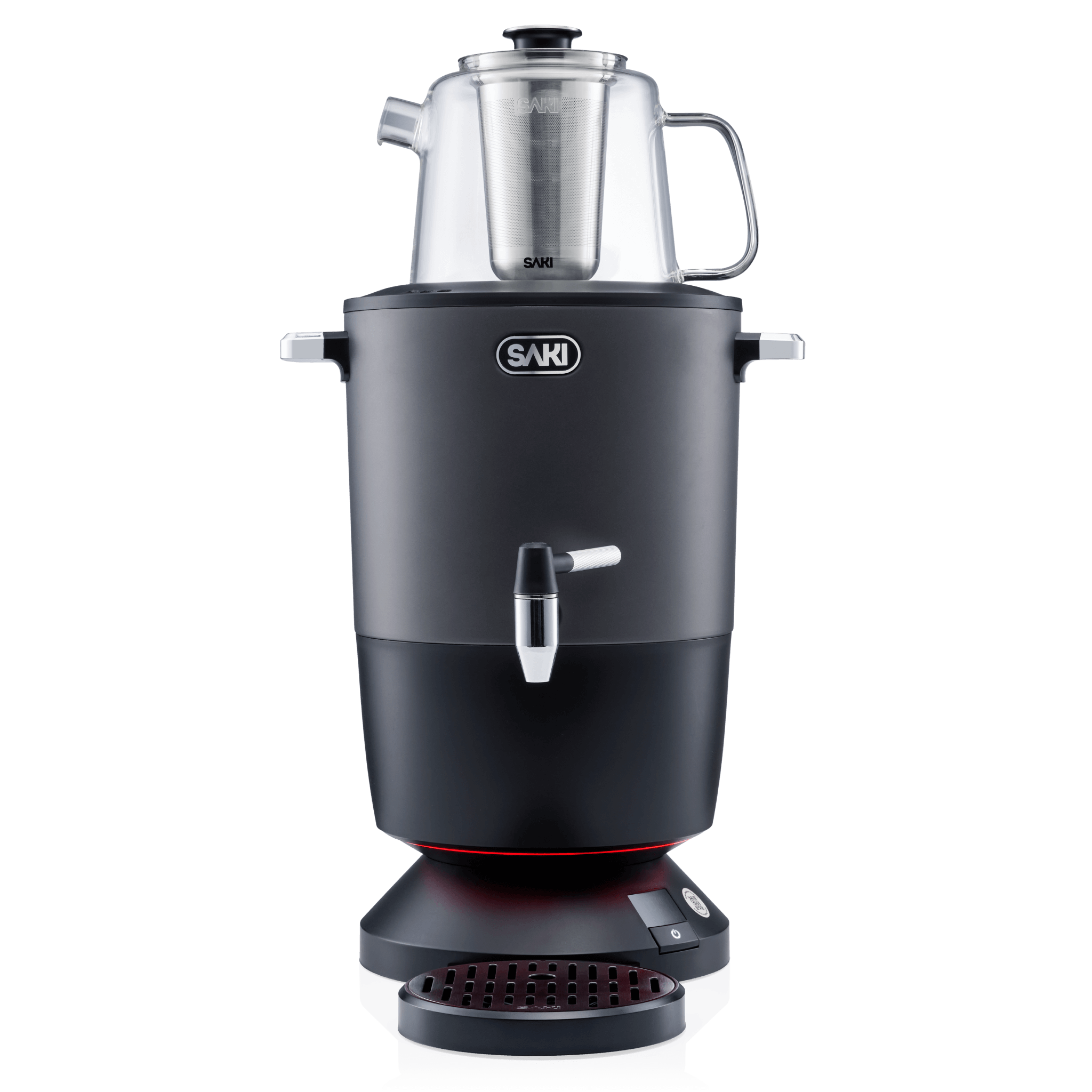 Black electric tea maker with stainless steel top, dispensing spout, and warming base.