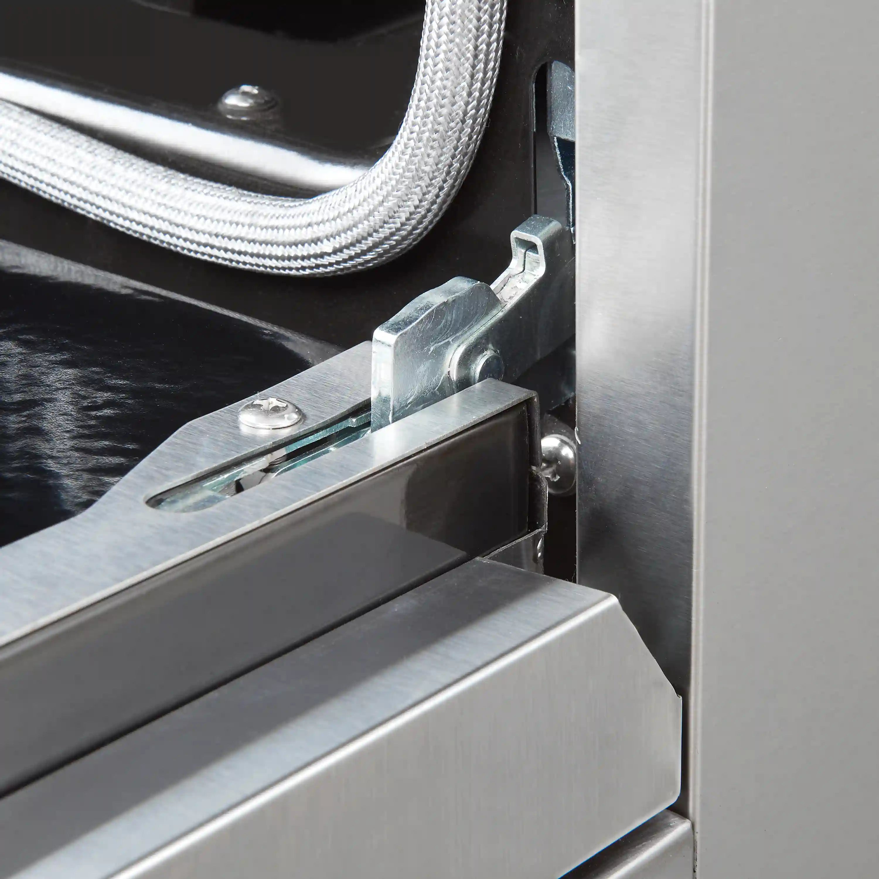 Stainless steel electric range oven door hinge and latch hardware