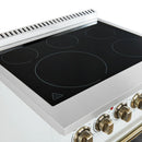 Forno 5-Piece Appliance Package - 30-Inch Electric Range, Wall Mount Range Hood, 60-Inch Refrigerator, Dishwasher, and 24-Inch Microwave Drawer in White with Antique Brass Handle