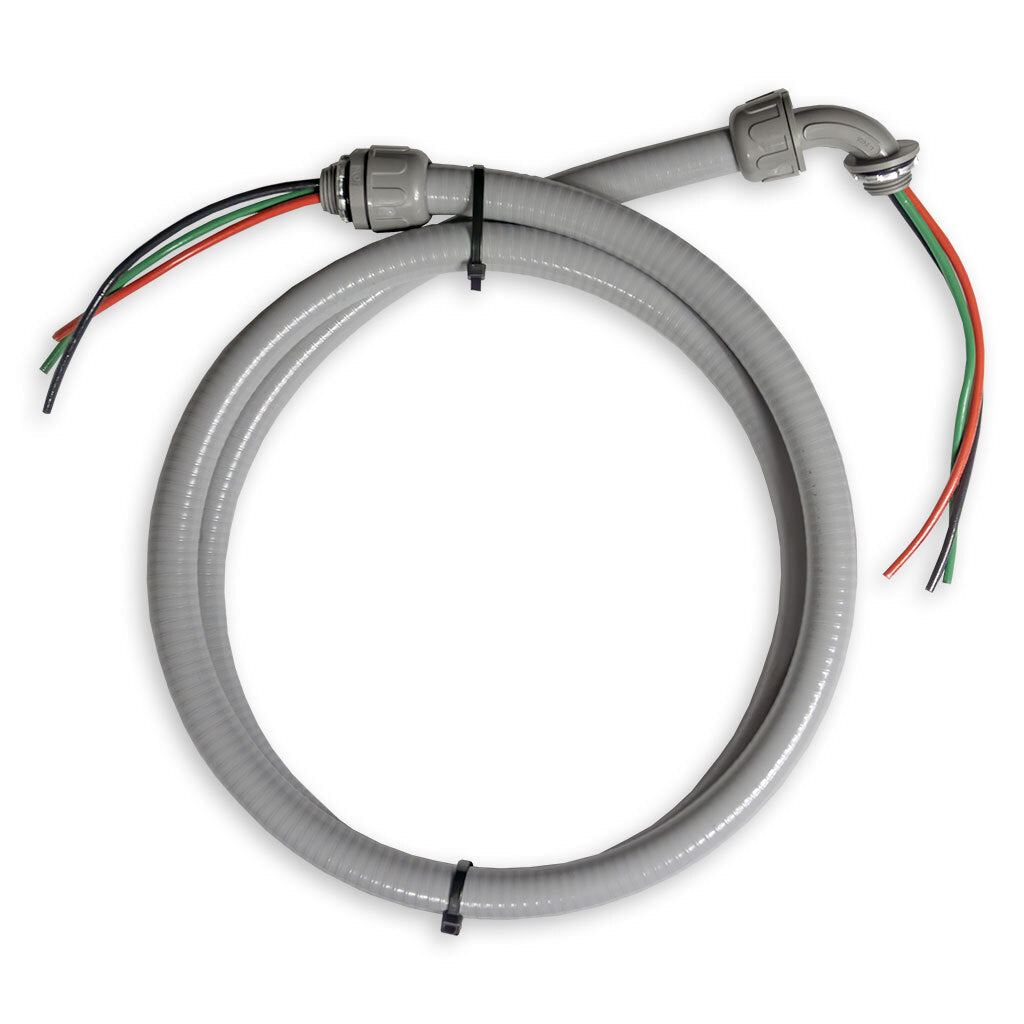 Gray 6 ft flexible plastic conduit whip with 3 colored leads and connector fittings