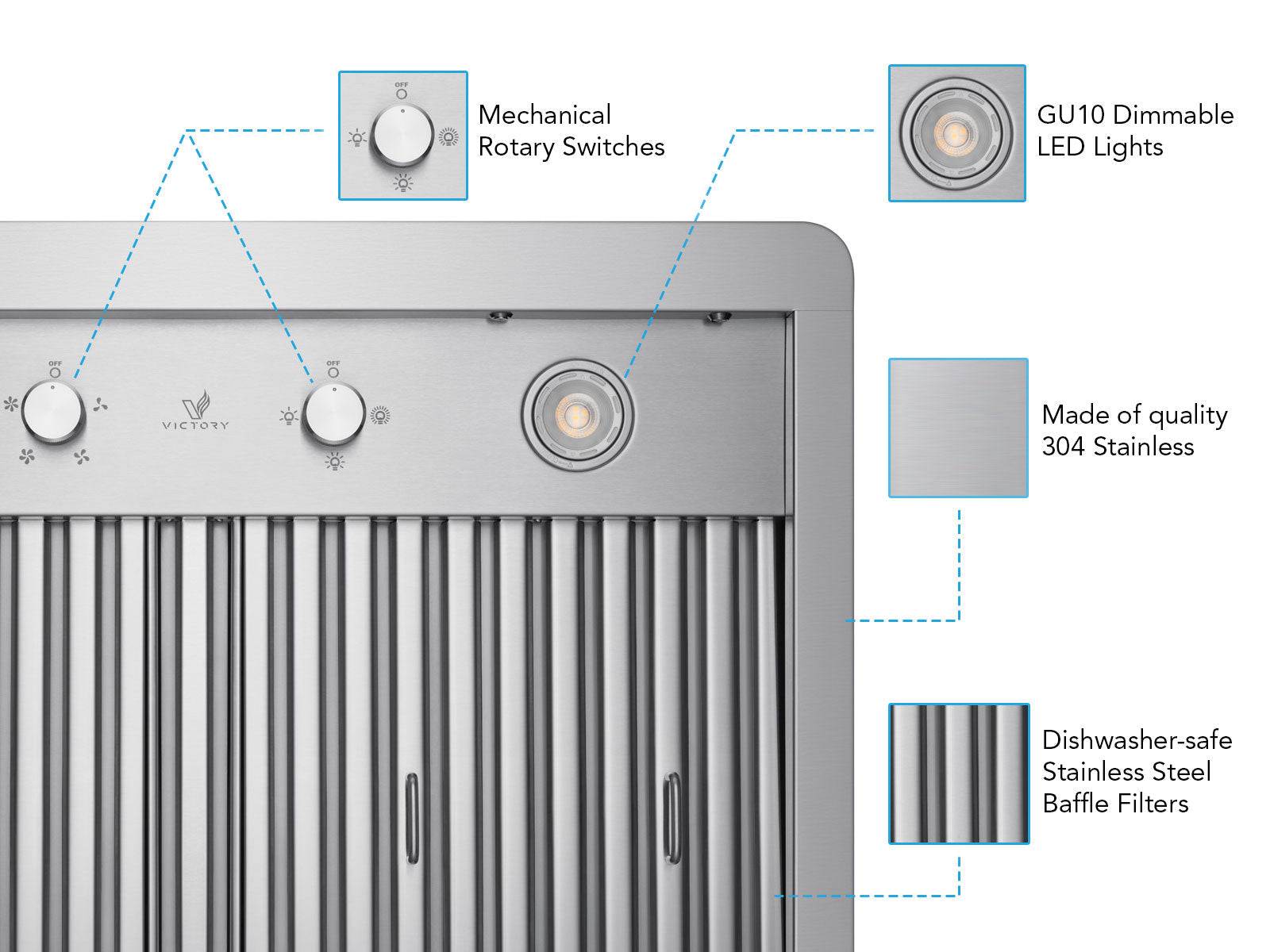 Stainless steel range hood with rotary controls and integrated LED lights