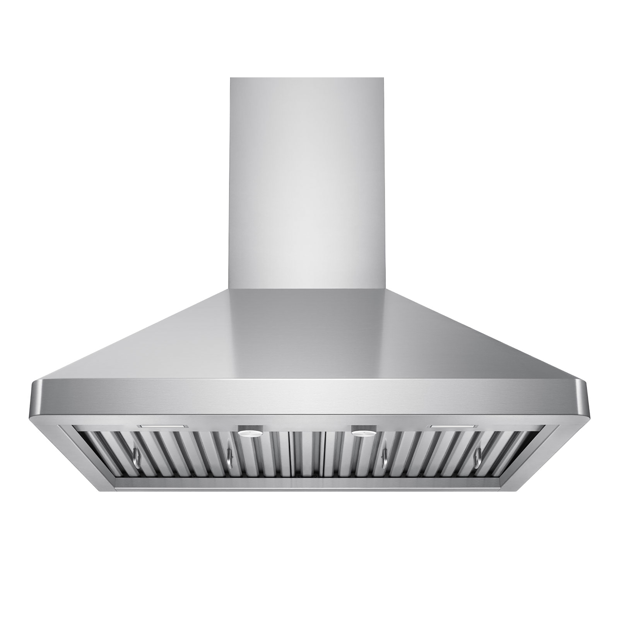 Stainless steel wall mount range hood with curved canopy and vertical baffle filters