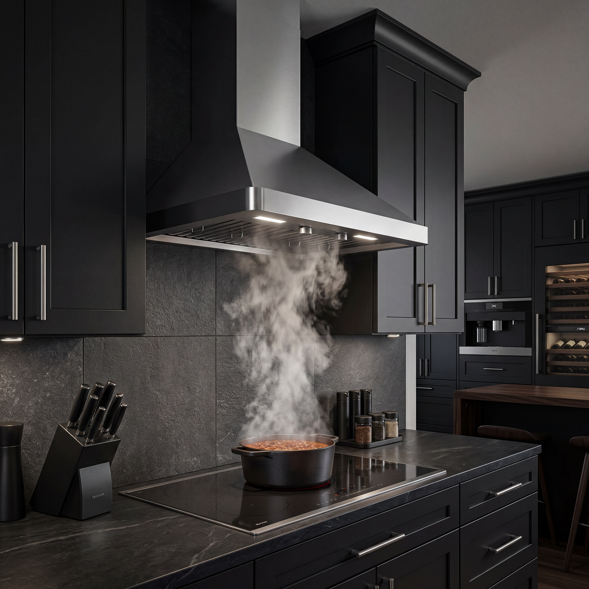 Stainless steel wall mounted range hood above stovetop with visible cooking steam