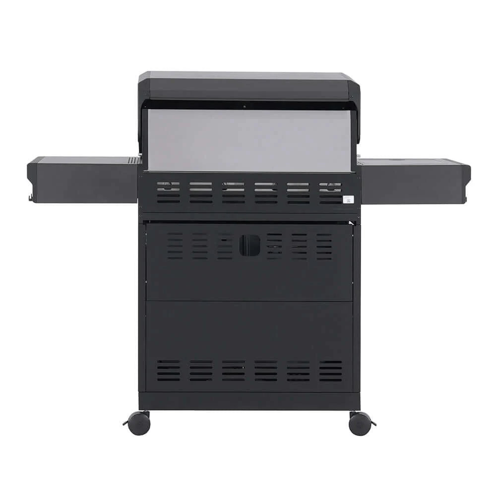 Black propane gas grill with side shelves and front control panel