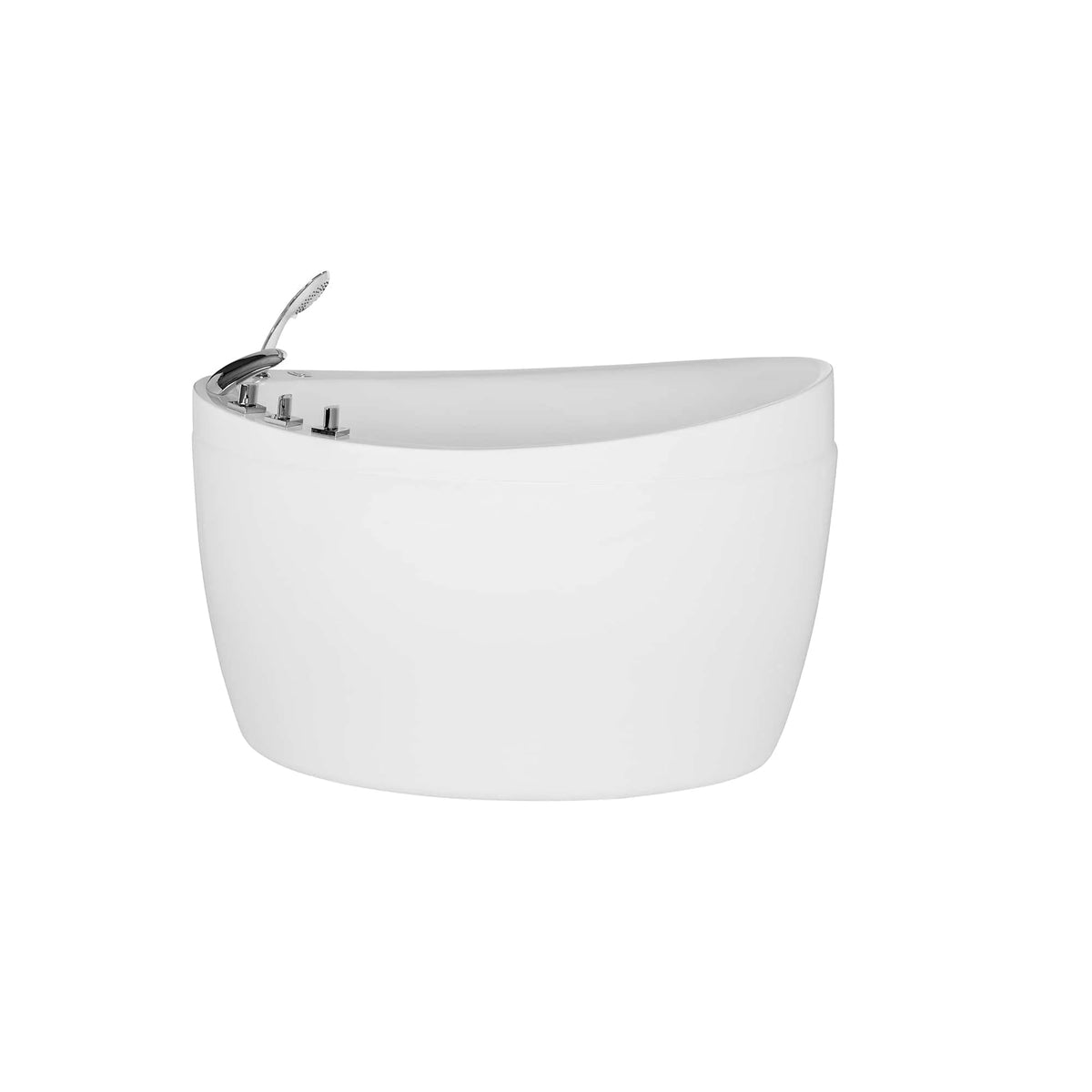 White freestanding air bathtub with chrome faucet and deck control knobs