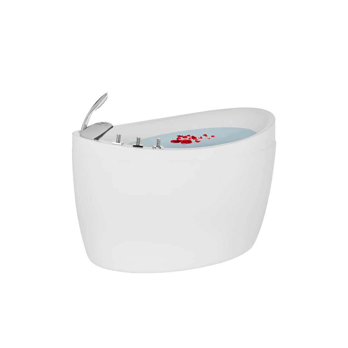 White freestanding air bathtub with chrome faucet and control panel over water
