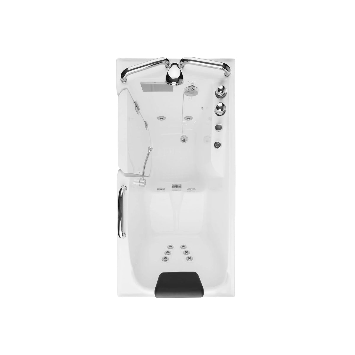 53-inch walk-in whirlpool bathtub with chrome faucet, shower hose, and black safety step