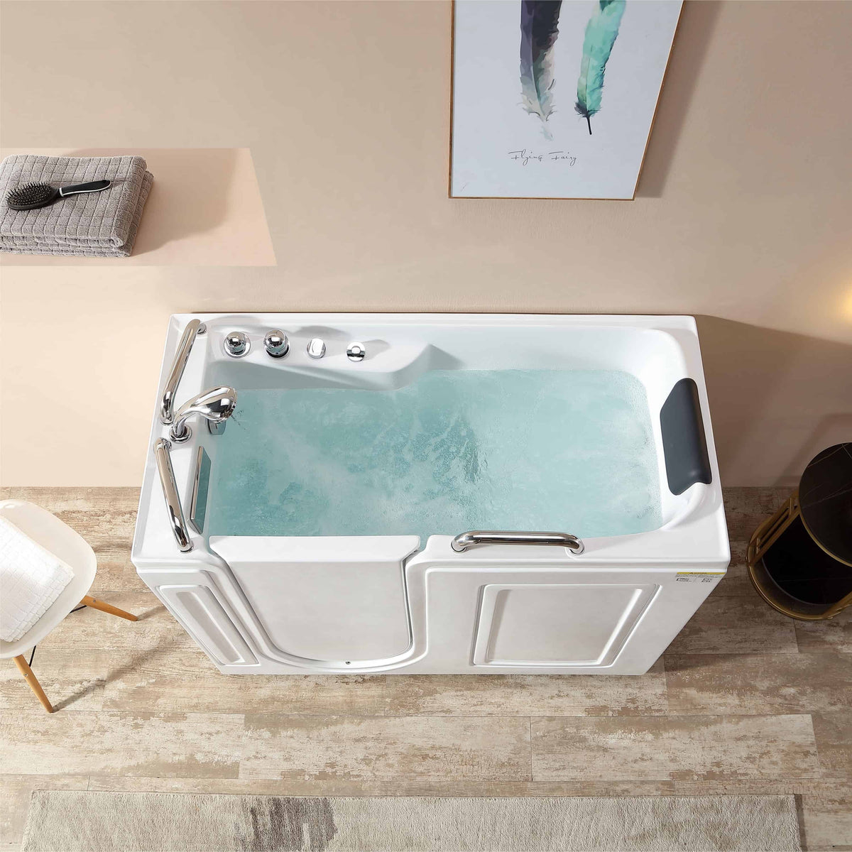53-inch walk-in whirlpool bathtub showing turquoise water inside and chrome faucet