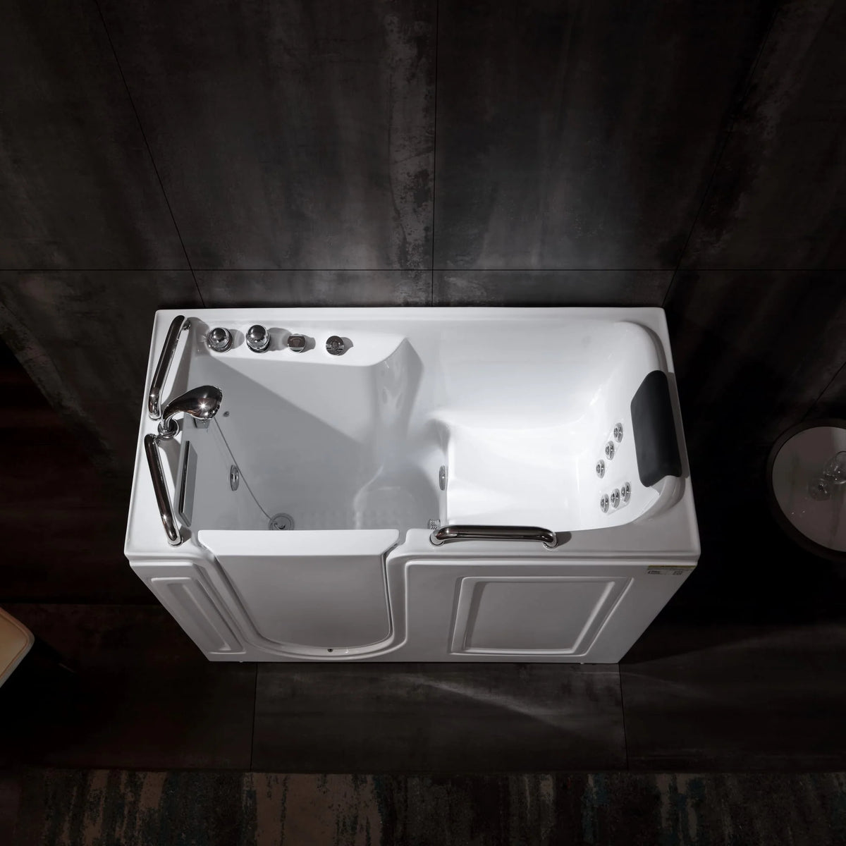 53-inch walk-in whirlpool bathtub with molded seat, jets, and chrome handrail