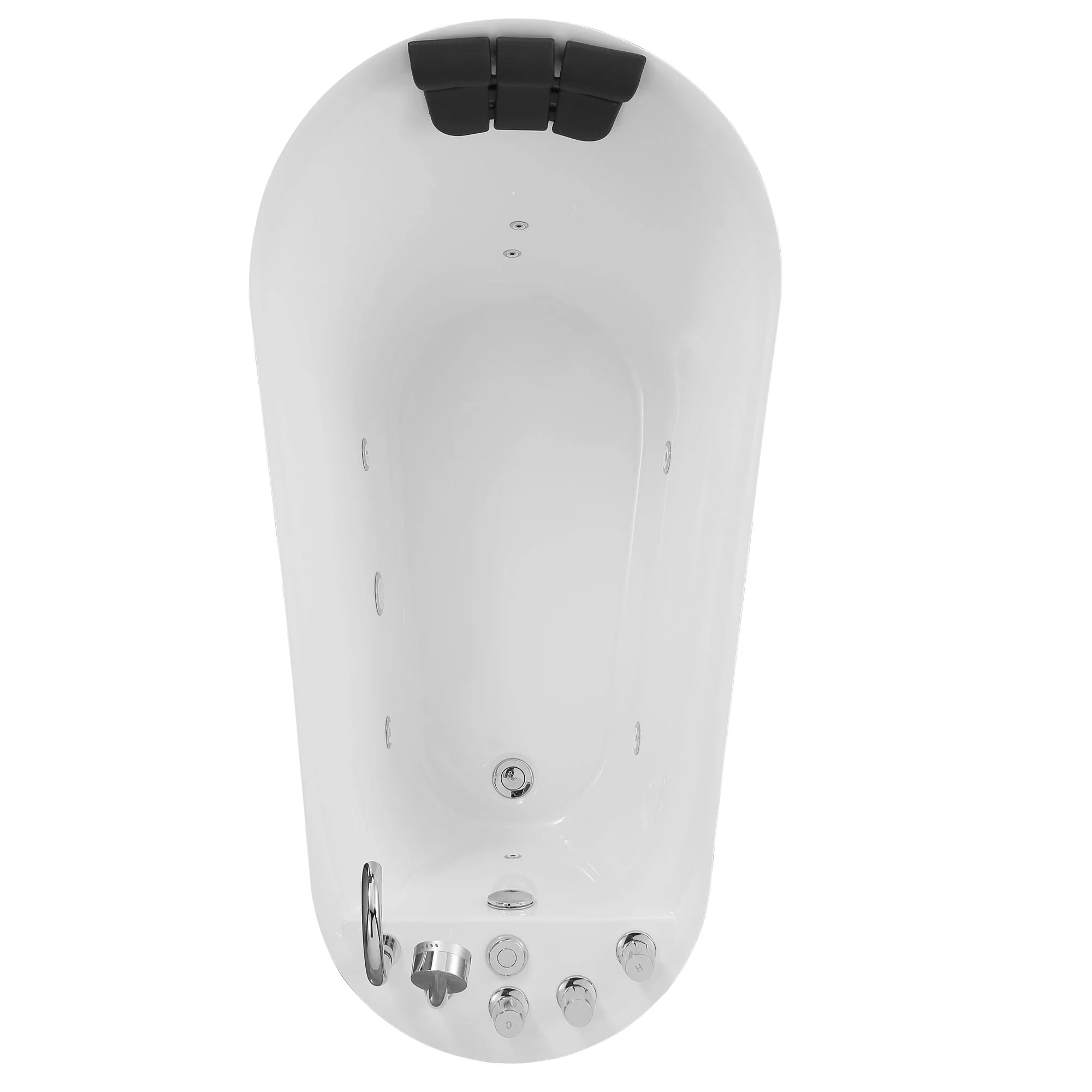 White freestanding acrylic bathtub with black headrest and visible drain hardware