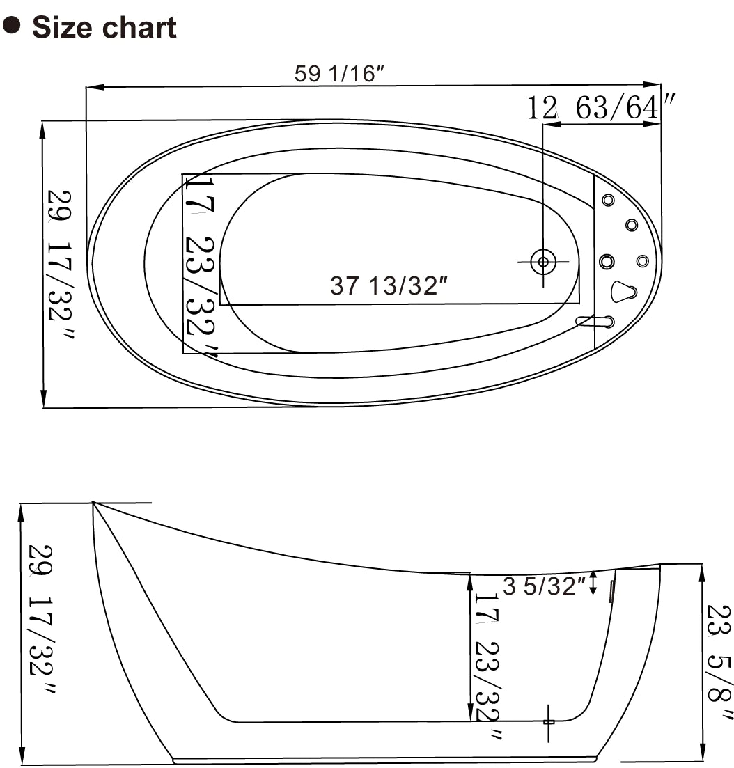 Bathtub size diagram with overall length and width measurements