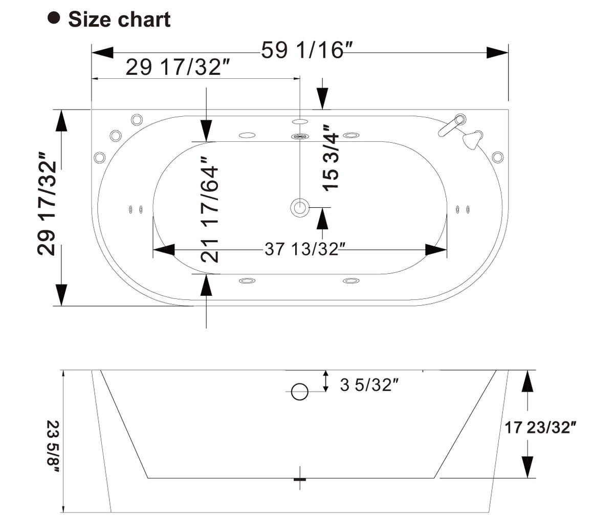 Bathtub size chart diagram with overall length, width, and depth dimensions