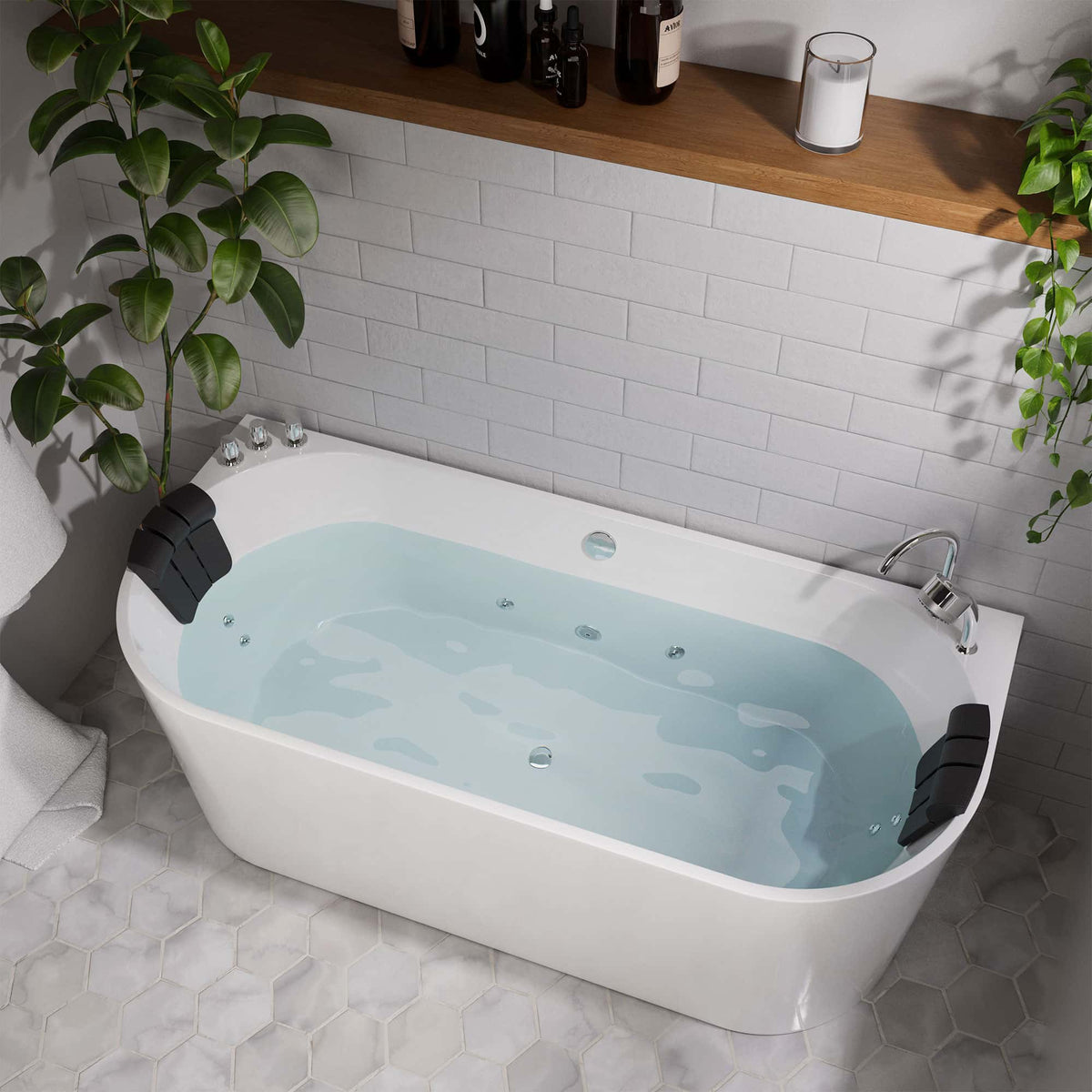 White acrylic whirlpool bathtub with mint water, chrome faucet, and side headrests