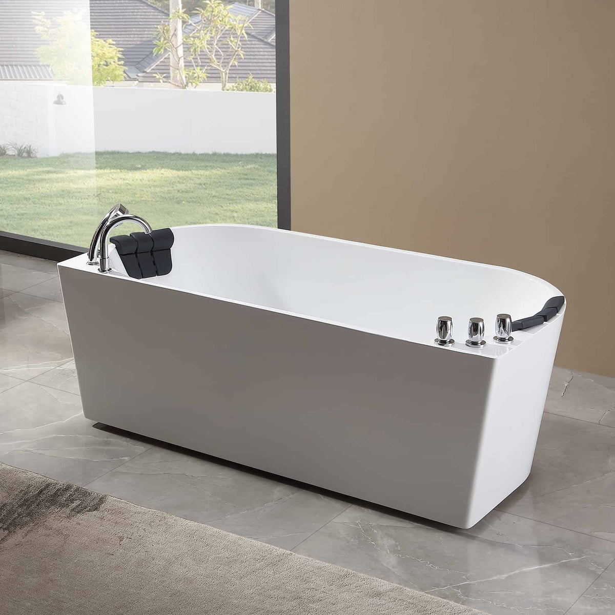 White rectangular alcove whirlpool bathtub with chrome faucet and black headrest