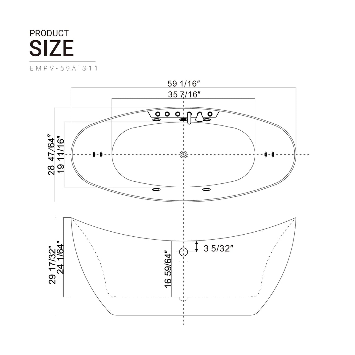 Freestanding acrylic bathtub size diagram with measurements and layout (EMPV-59AIS11)