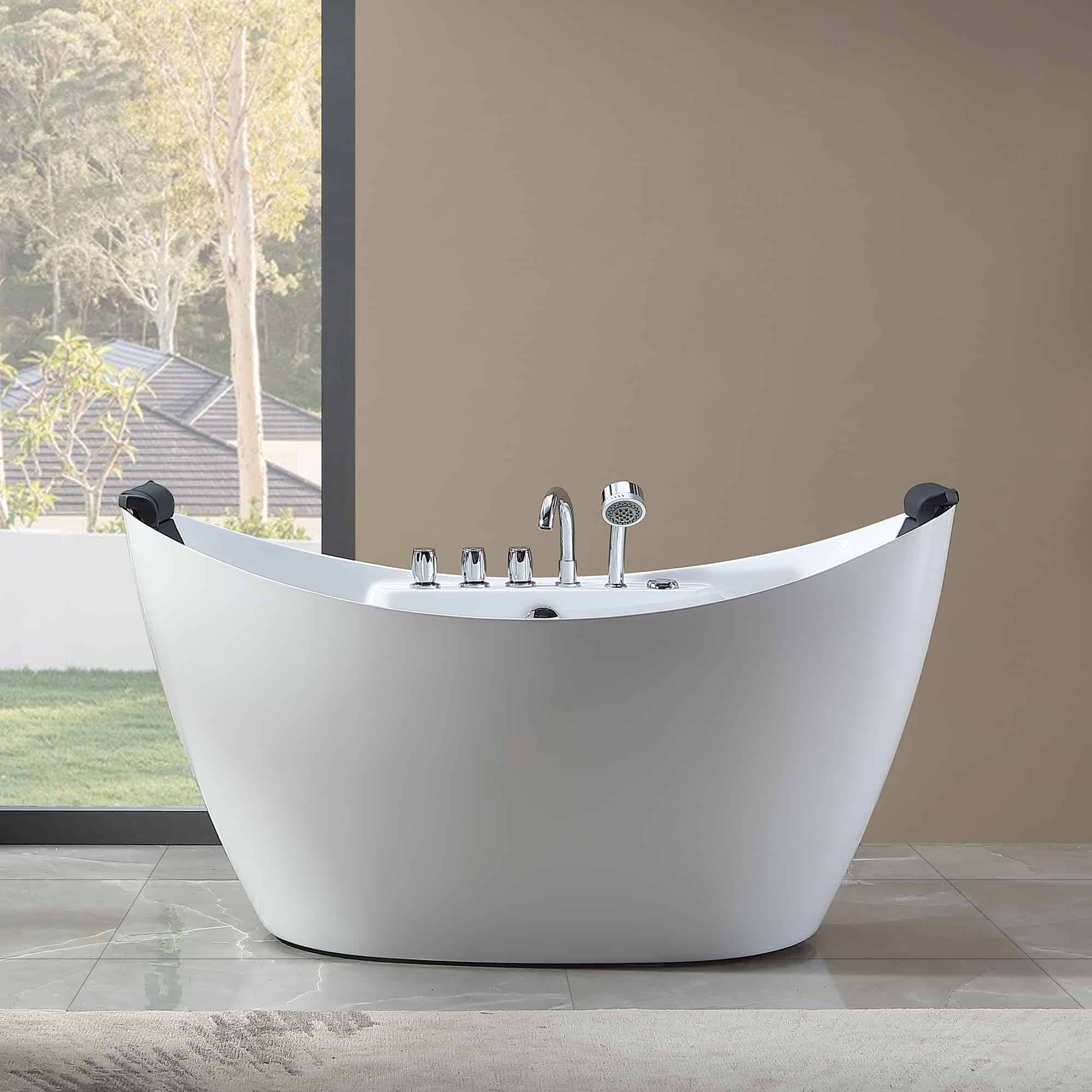 White freestanding acrylic bathtub with curved rim, chrome controls, and black headrests