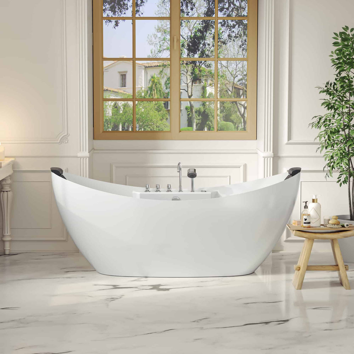 White freestanding acrylic whirlpool bathtub with chrome faucet and black headrests