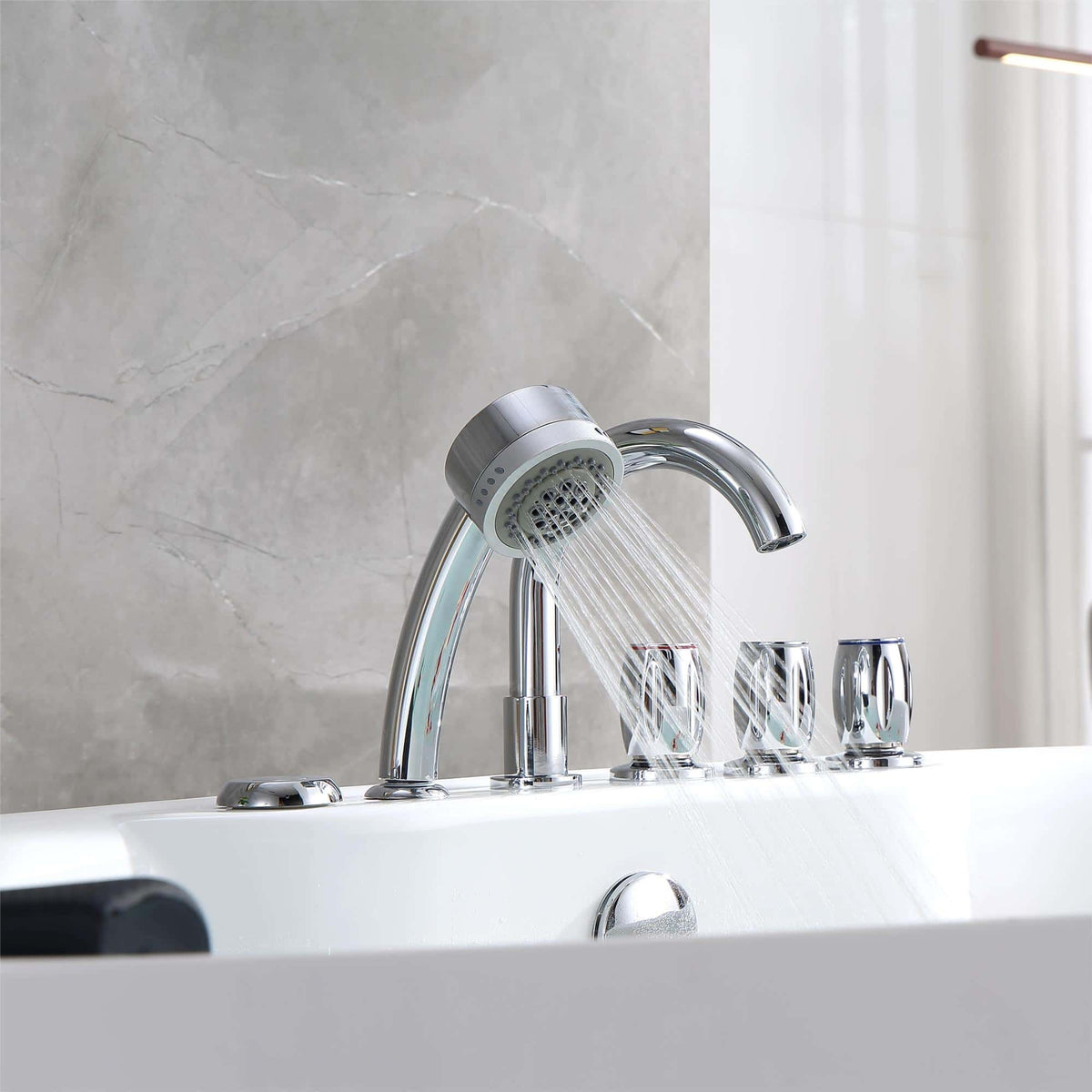 Chrome faucet and handheld shower over white acrylic whirlpool bathtub rim