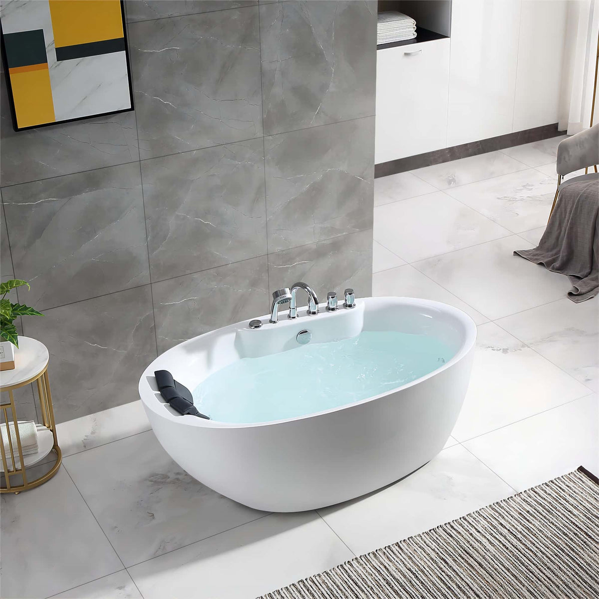 White acrylic whirlpool bathtub with built-in jets and chrome faucet fixture