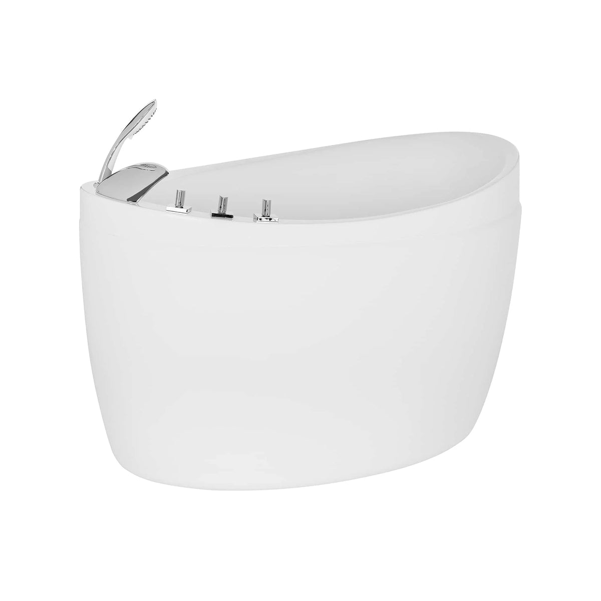 White freestanding soaking tub with chrome faucet and multi-control fixture on rim