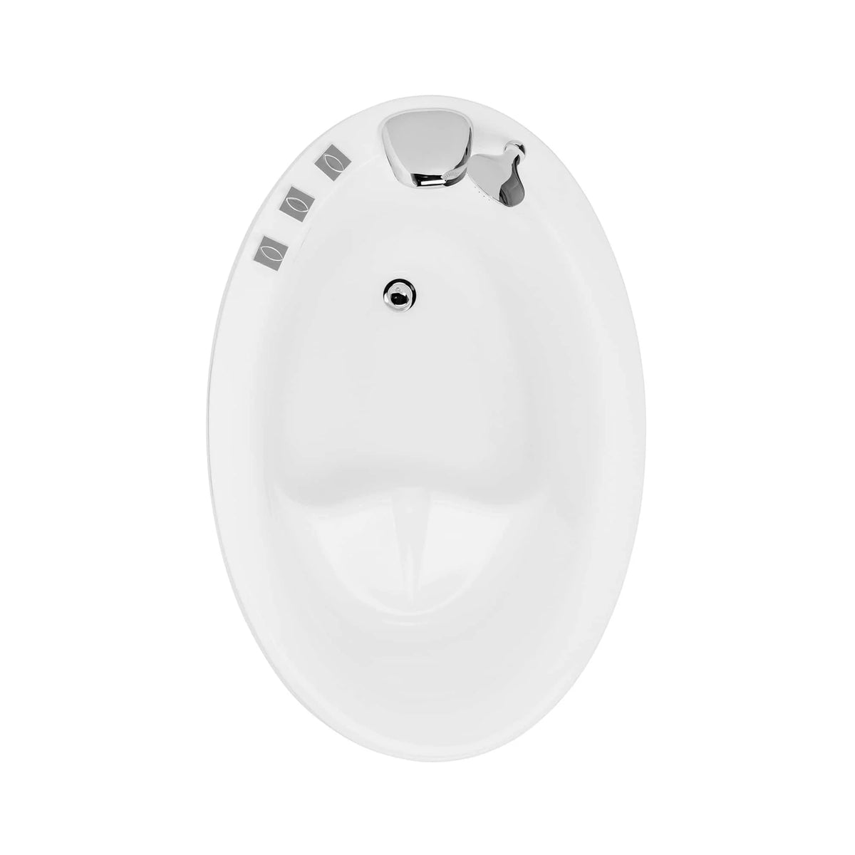 White oval freestanding soaking tub with chrome drain and overflow cover