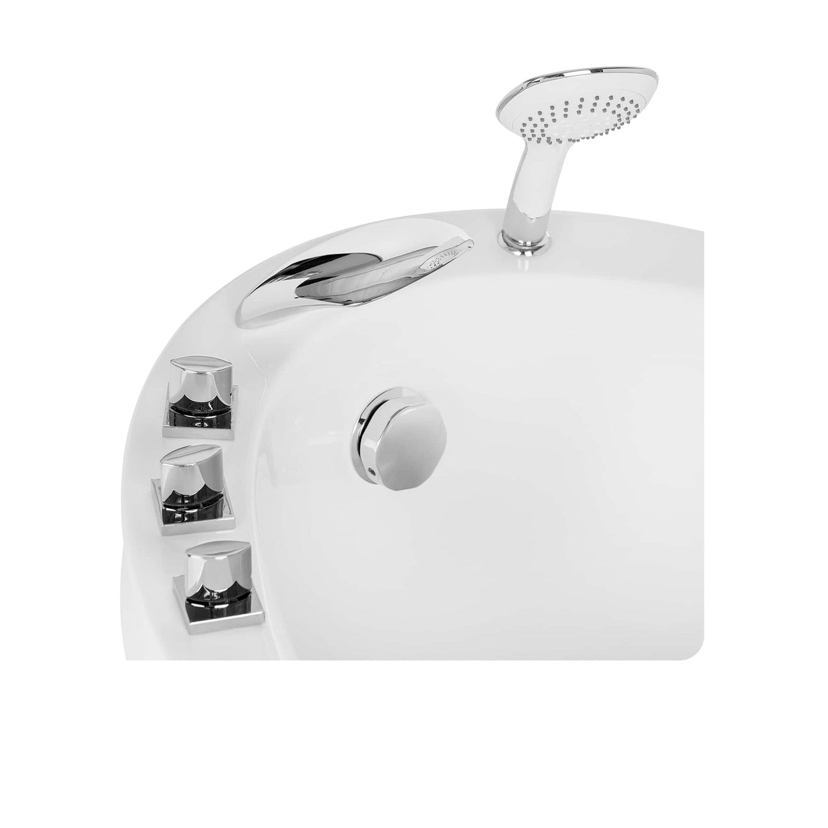White freestanding soaking tub with chrome showerhead and side controls
