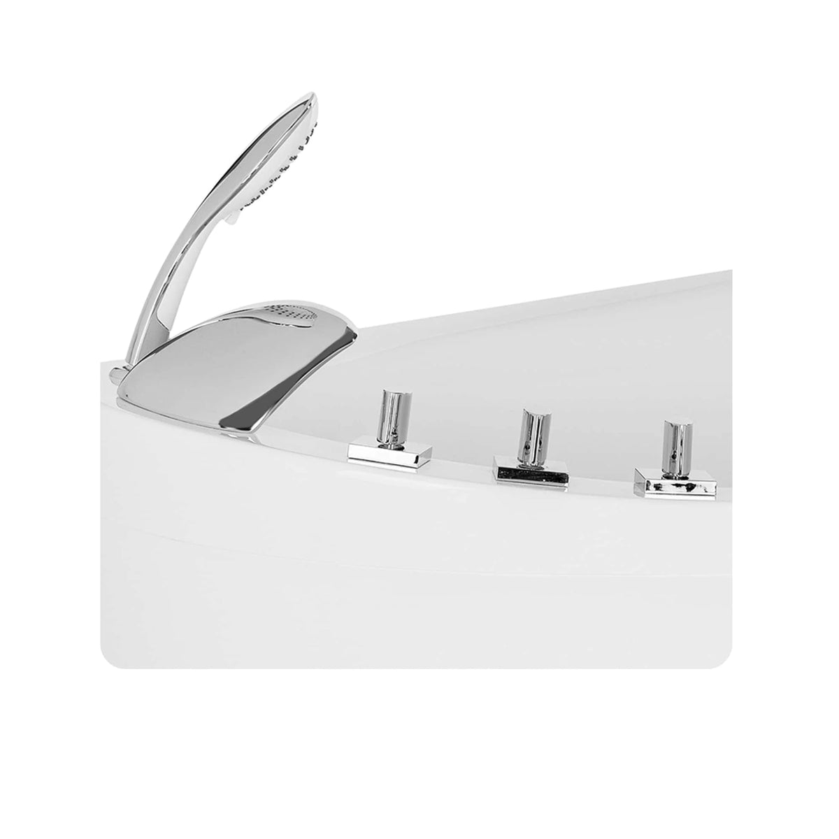 White freestanding soaking tub with chrome spout and controls along the rim