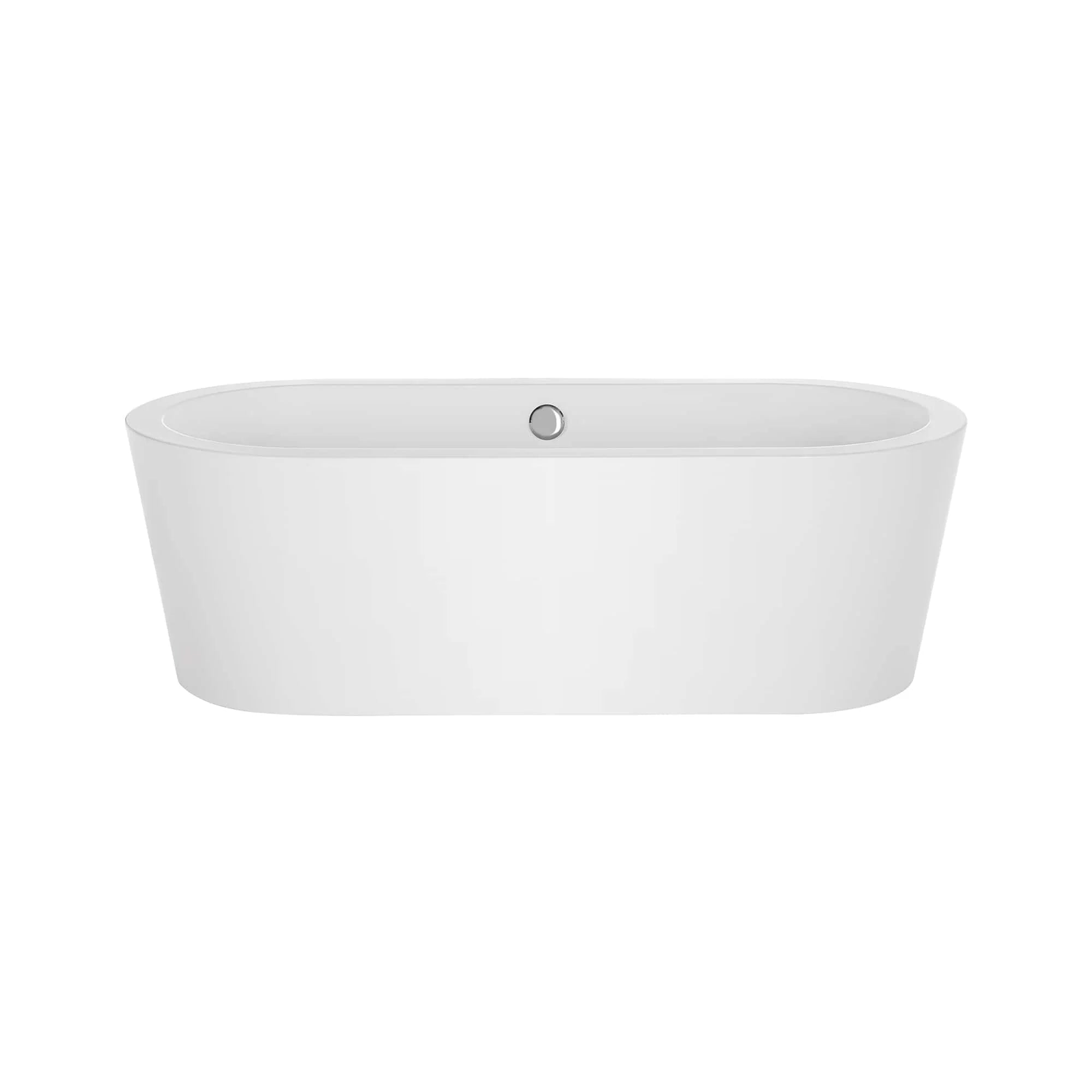 Freestanding soaking bathtub in white with oval rim and center drain opening