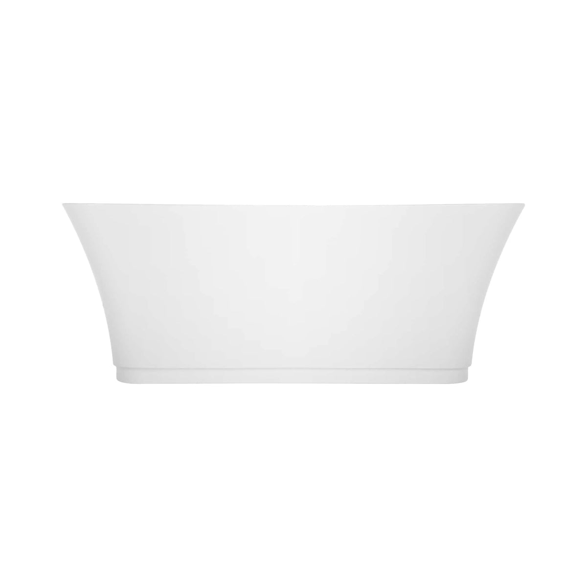 White freestanding soaking bathtub, broad front profile from side view