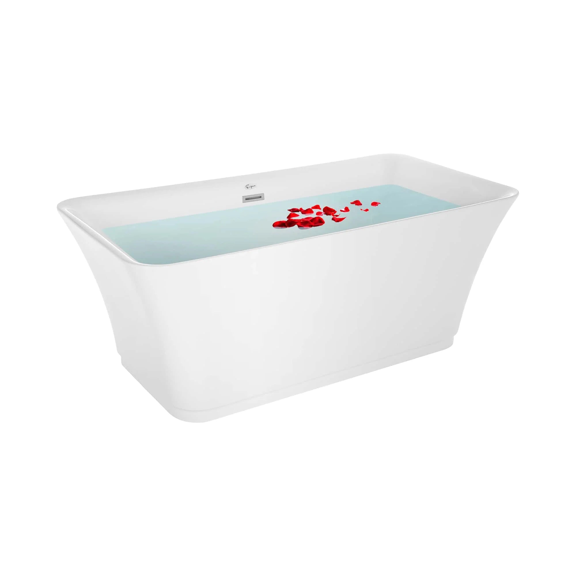 White soaking bathtub with water-level fill illustration and drain opening, angled view