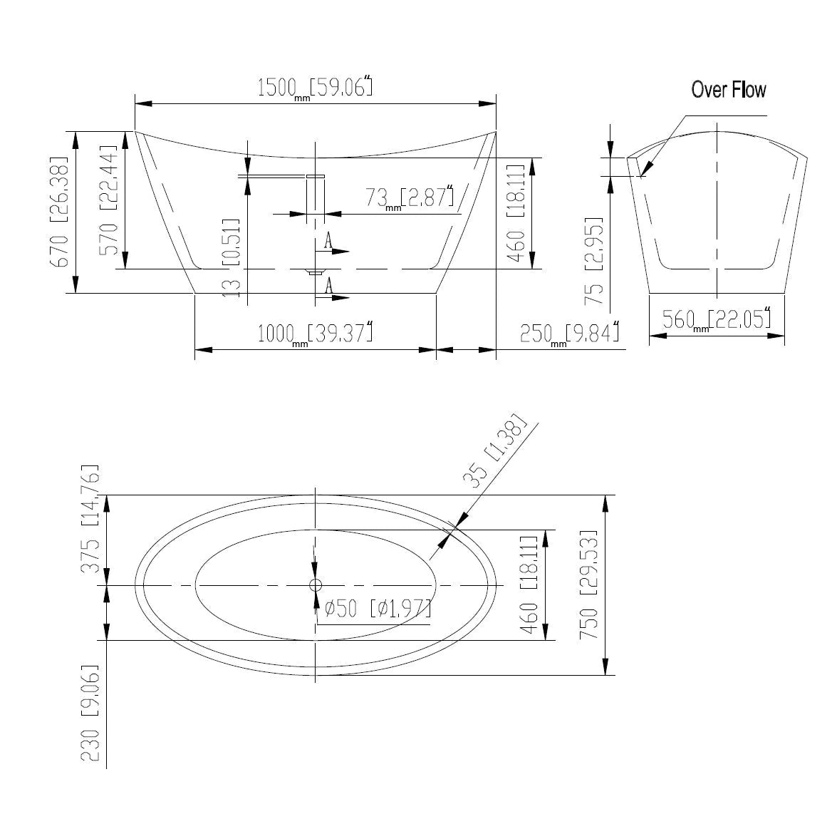 Freestanding soaking bathtub dimension diagram with measurements and outline views