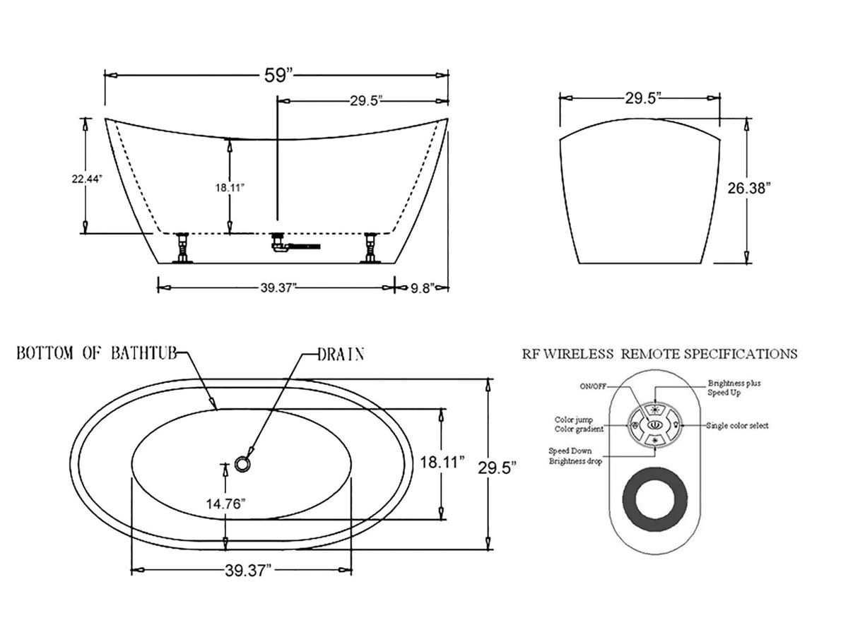 Bathtub dimension diagram with drain and RF wireless remote specifications