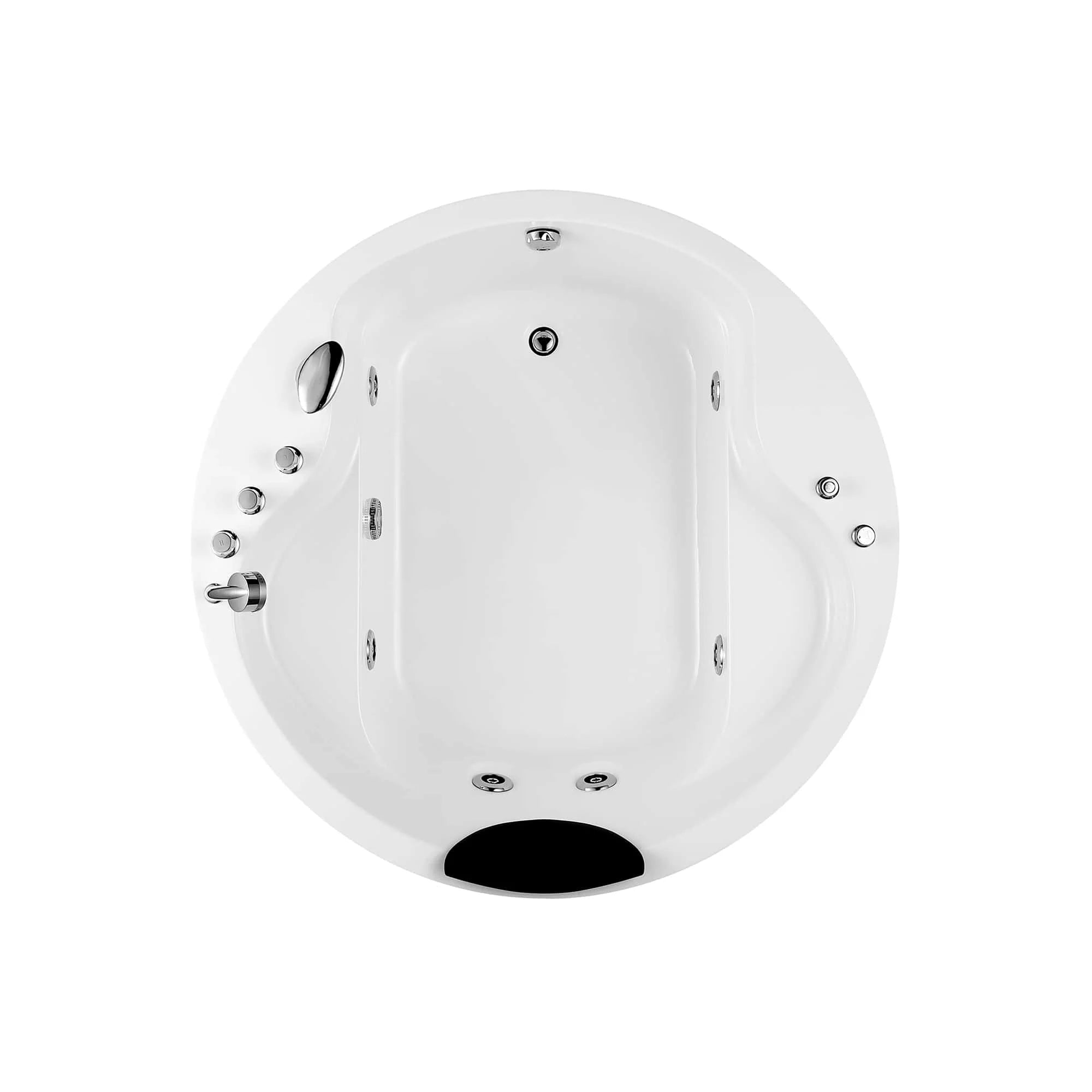 Round white whirlpool bathtub base with multiple internal jets and drain opening