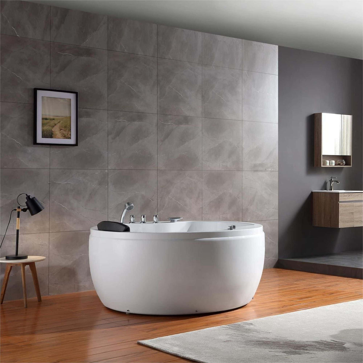 White round whirlpool bathtub featuring a built-in faucet and multiple chrome controls