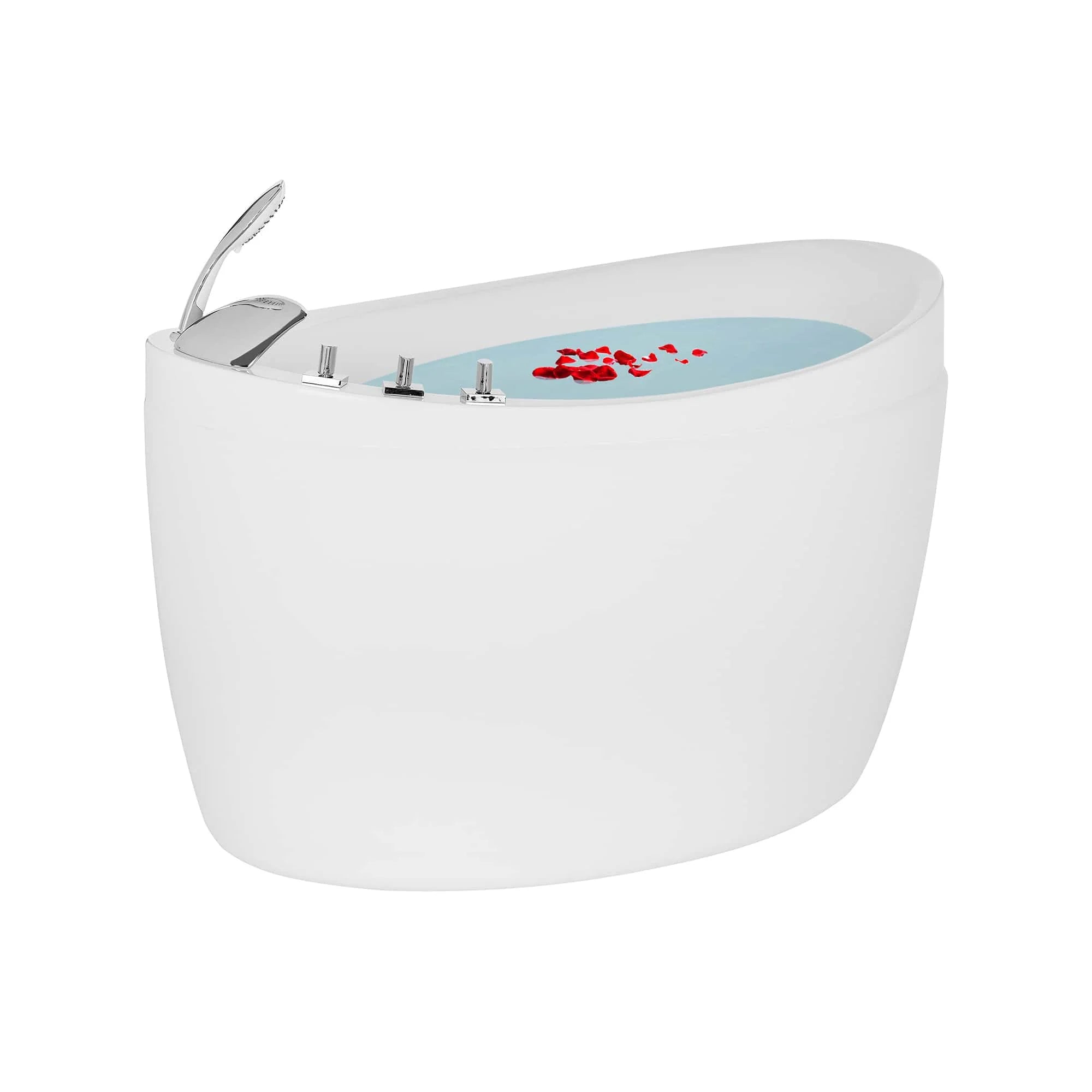 White freestanding air bathtub with deck control area and hand shower